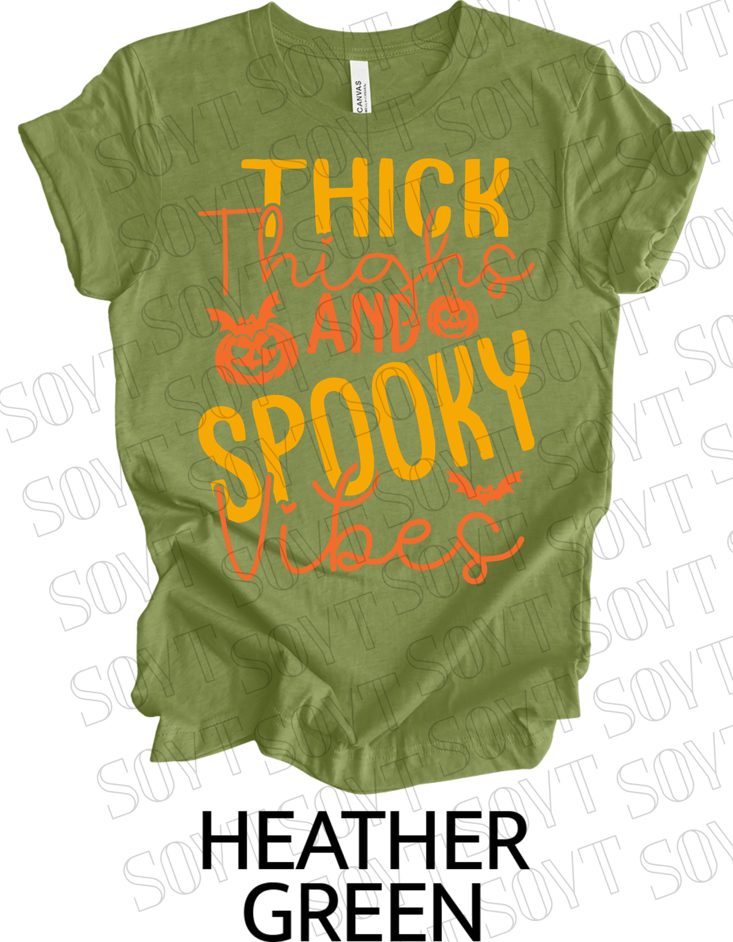 "Thick Thighs Spooky Vibes" Halloween T-Shirt – Retro Ghost & Pumpkin Graphic Tee - Festive Apparel StoreHeather Green