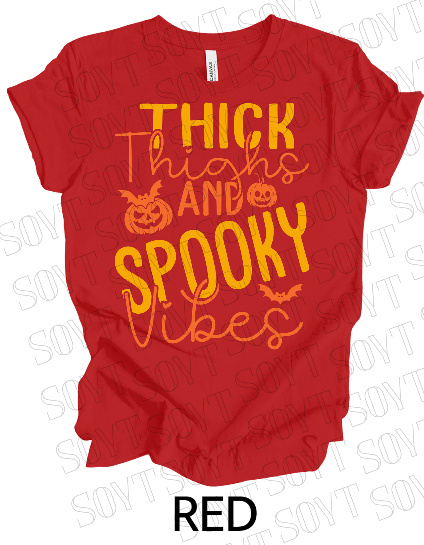 "Thick Thighs Spooky Vibes" Halloween T-Shirt – Retro Ghost & Pumpkin Graphic Tee - Festive Apparel StoreRed