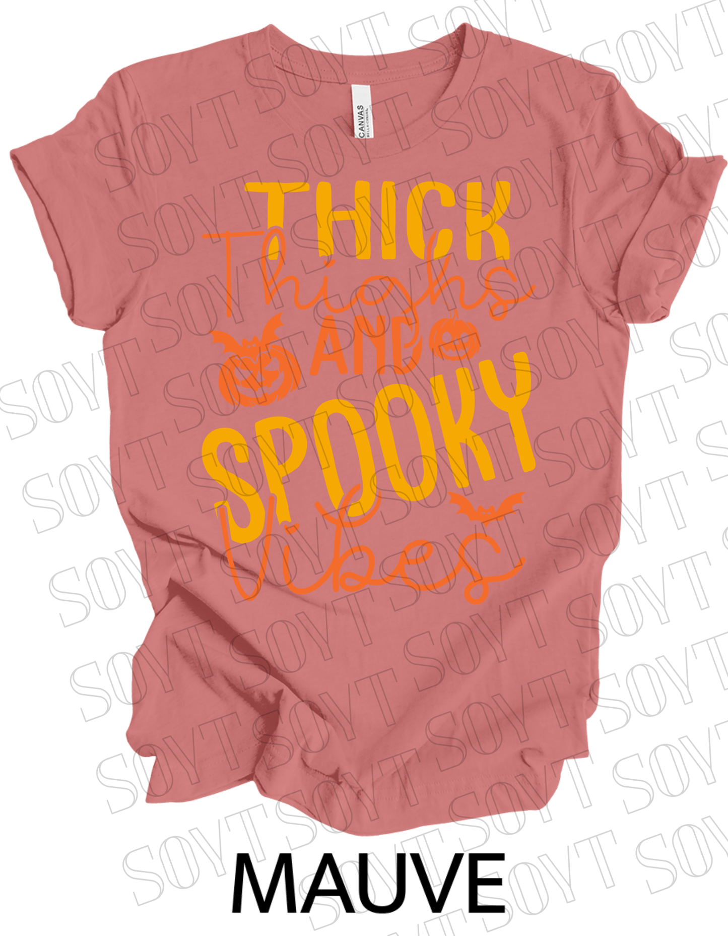"Thick Thighs Spooky Vibes" Halloween T-Shirt – Retro Ghost & Pumpkin Graphic Tee - Festive Apparel StoreMauve