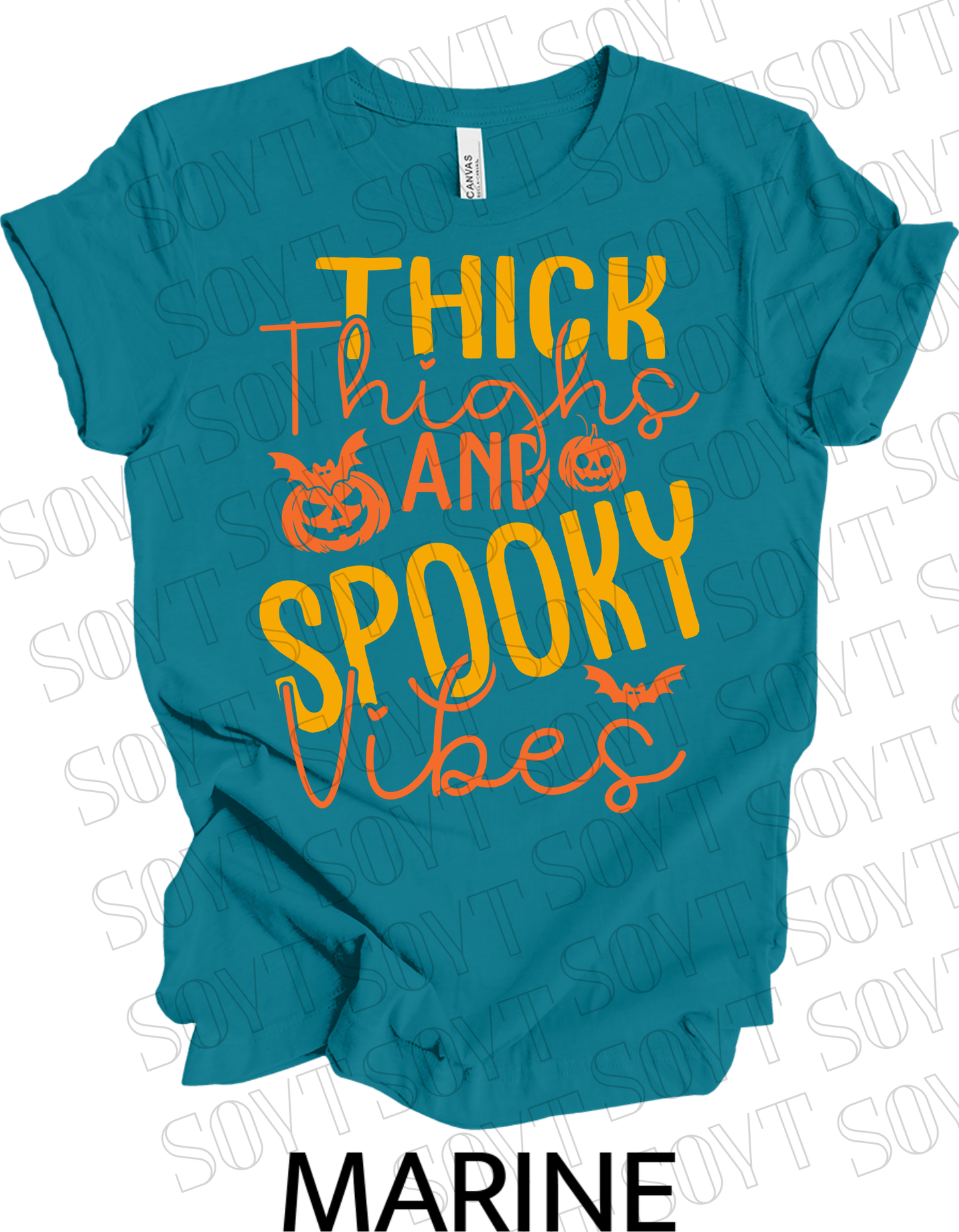 "Thick Thighs Spooky Vibes" Halloween T-Shirt – Retro Ghost & Pumpkin Graphic Tee - Festive Apparel StoreMarine
