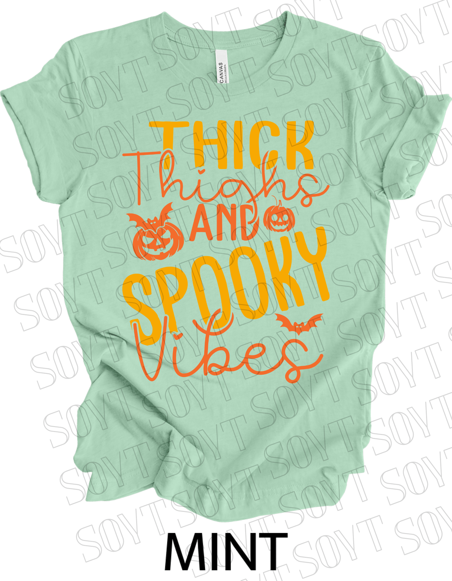 "Thick Thighs Spooky Vibes" Halloween T-Shirt – Retro Ghost & Pumpkin Graphic Tee - Festive Apparel StoreMint