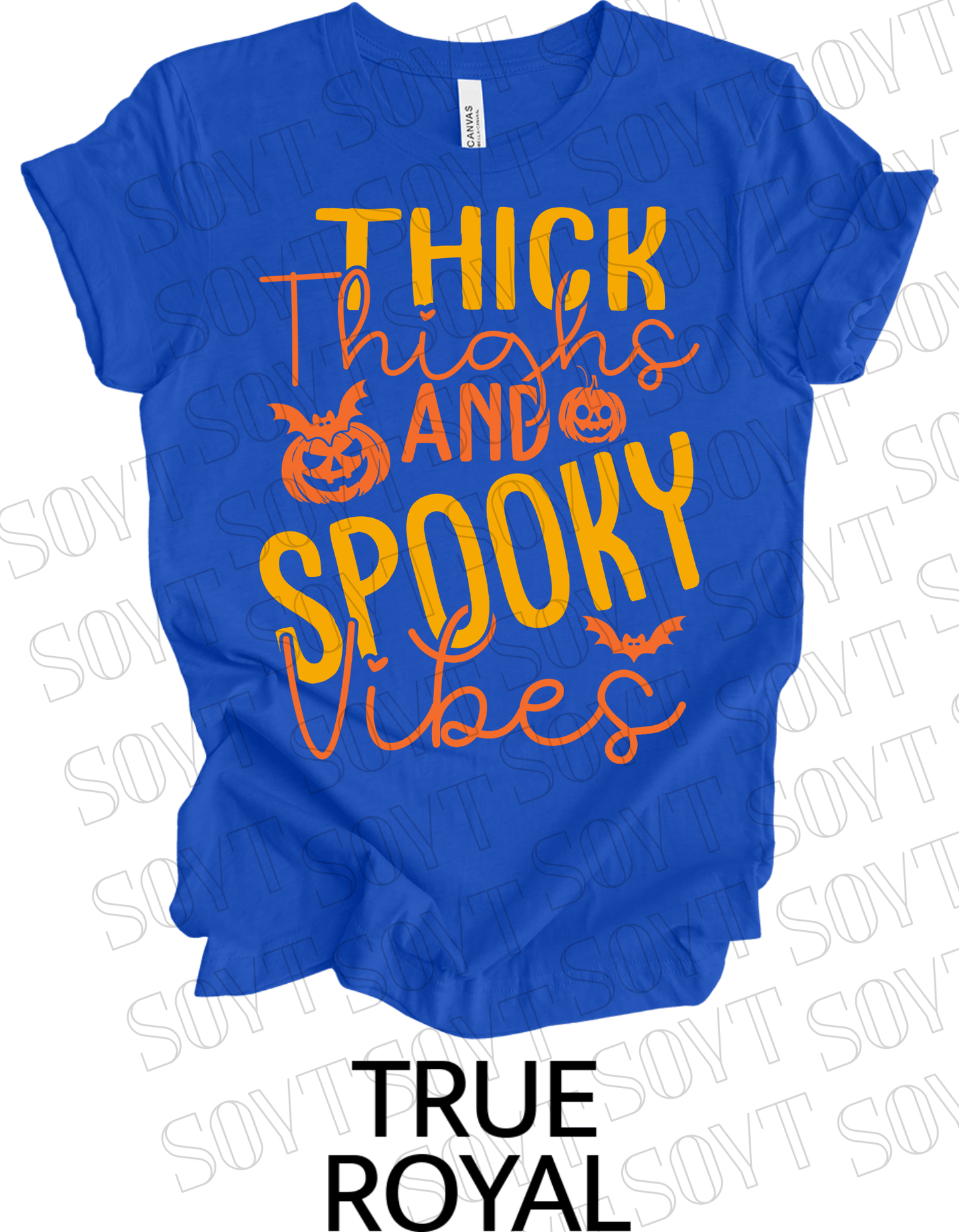 "Thick Thighs Spooky Vibes" Halloween T-Shirt – Retro Ghost & Pumpkin Graphic Tee - Festive Apparel StoreRoyal Blue