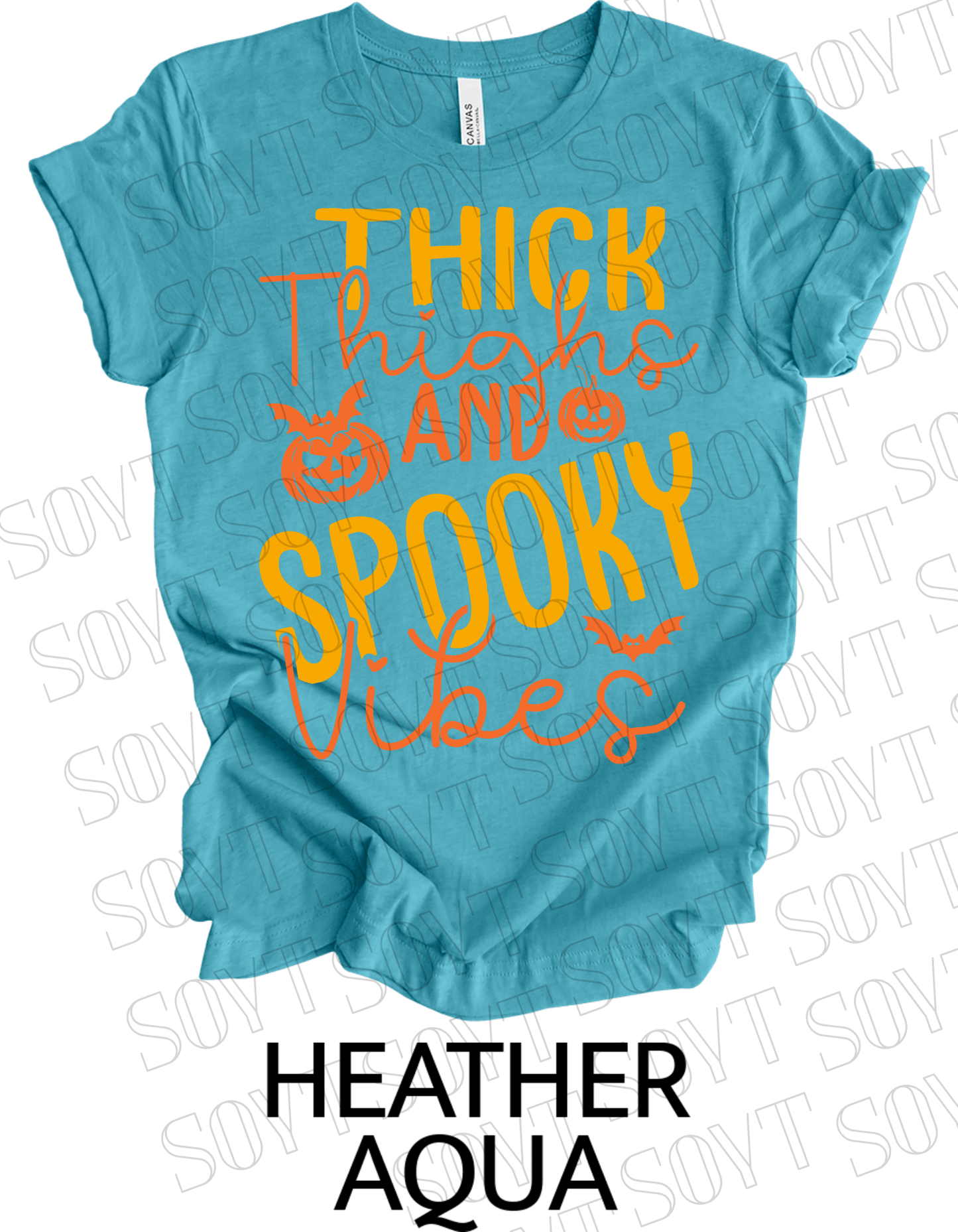 "Thick Thighs Spooky Vibes" Halloween T-Shirt – Retro Ghost & Pumpkin Graphic Tee - Festive Apparel StoreHeather Aqua