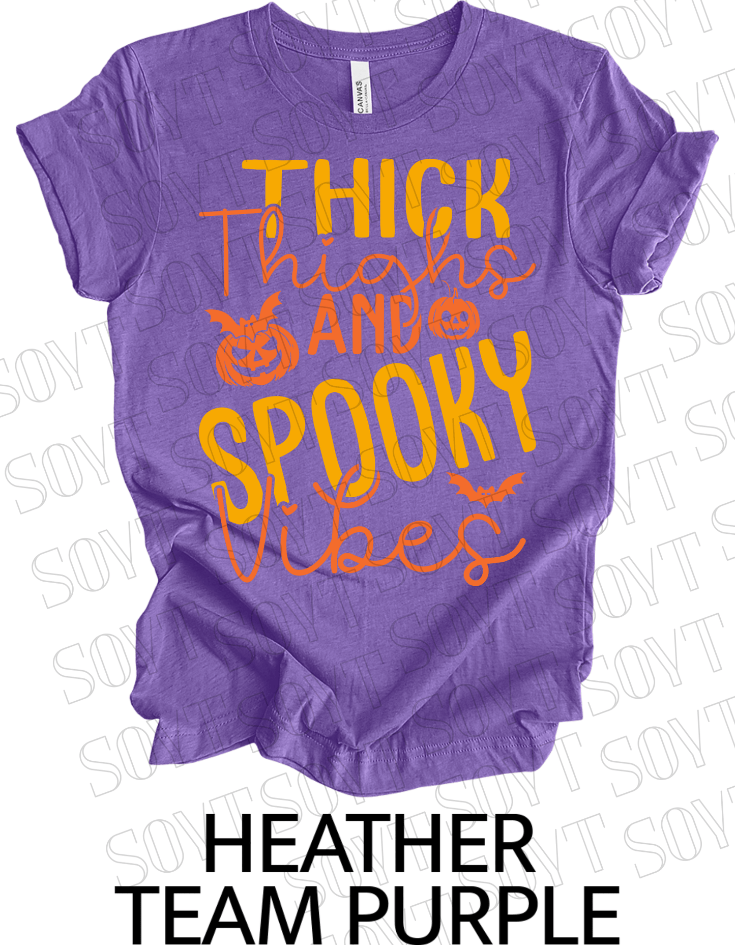 "Thick Thighs Spooky Vibes" Halloween T-Shirt – Retro Ghost & Pumpkin Graphic Tee - Festive Apparel StoreHeather Purple