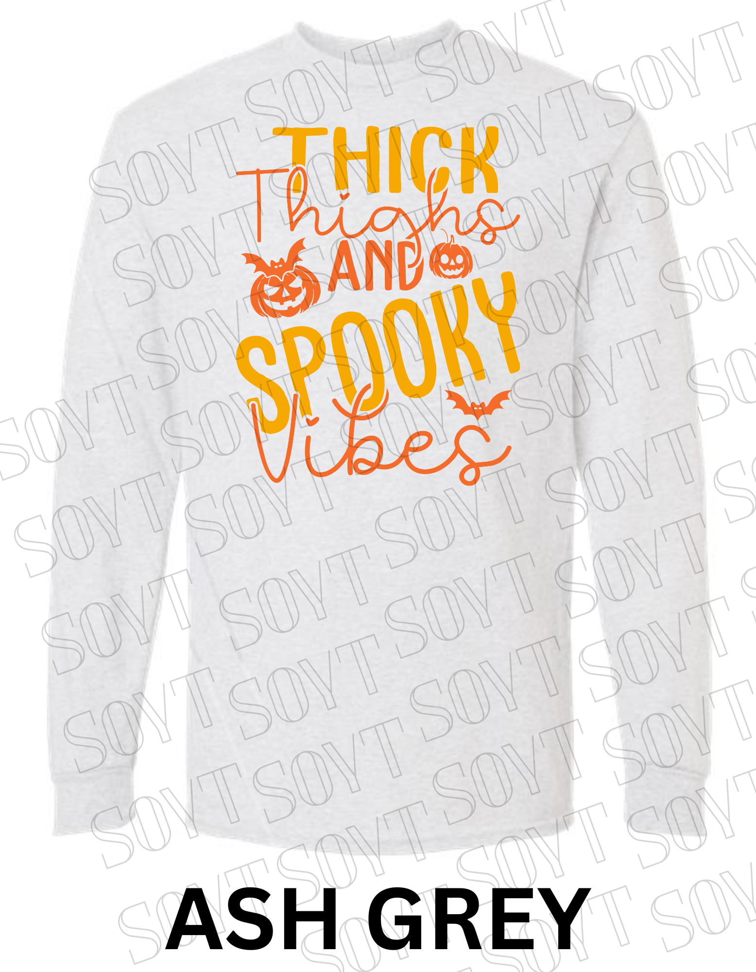 "Thick Thighs Spooky Vibes" Long Sleeve Shirt – Cute Retro Halloween Graphic Tee - Festive Apparel StoreAsh Gray