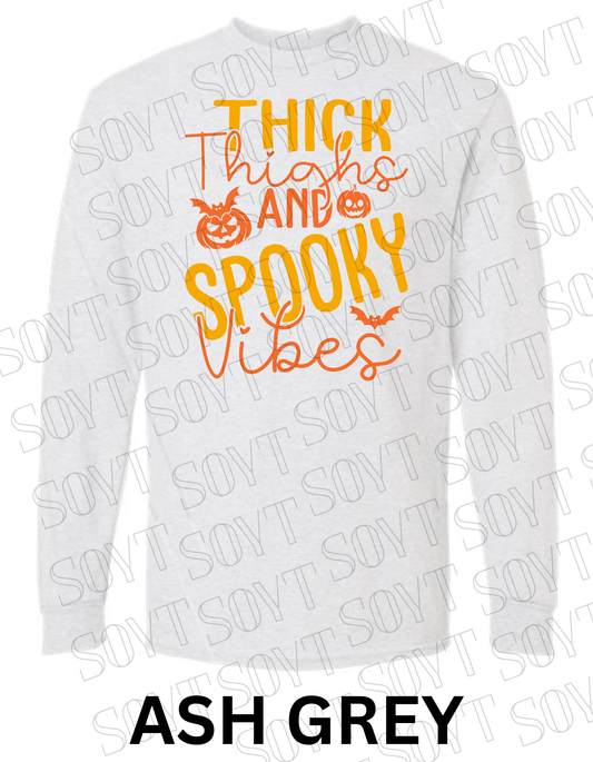 "Thick Thighs Spooky Vibes" Long Sleeve Shirt – Cute Retro Halloween Graphic Tee - Festive Apparel StoreAsh Gray