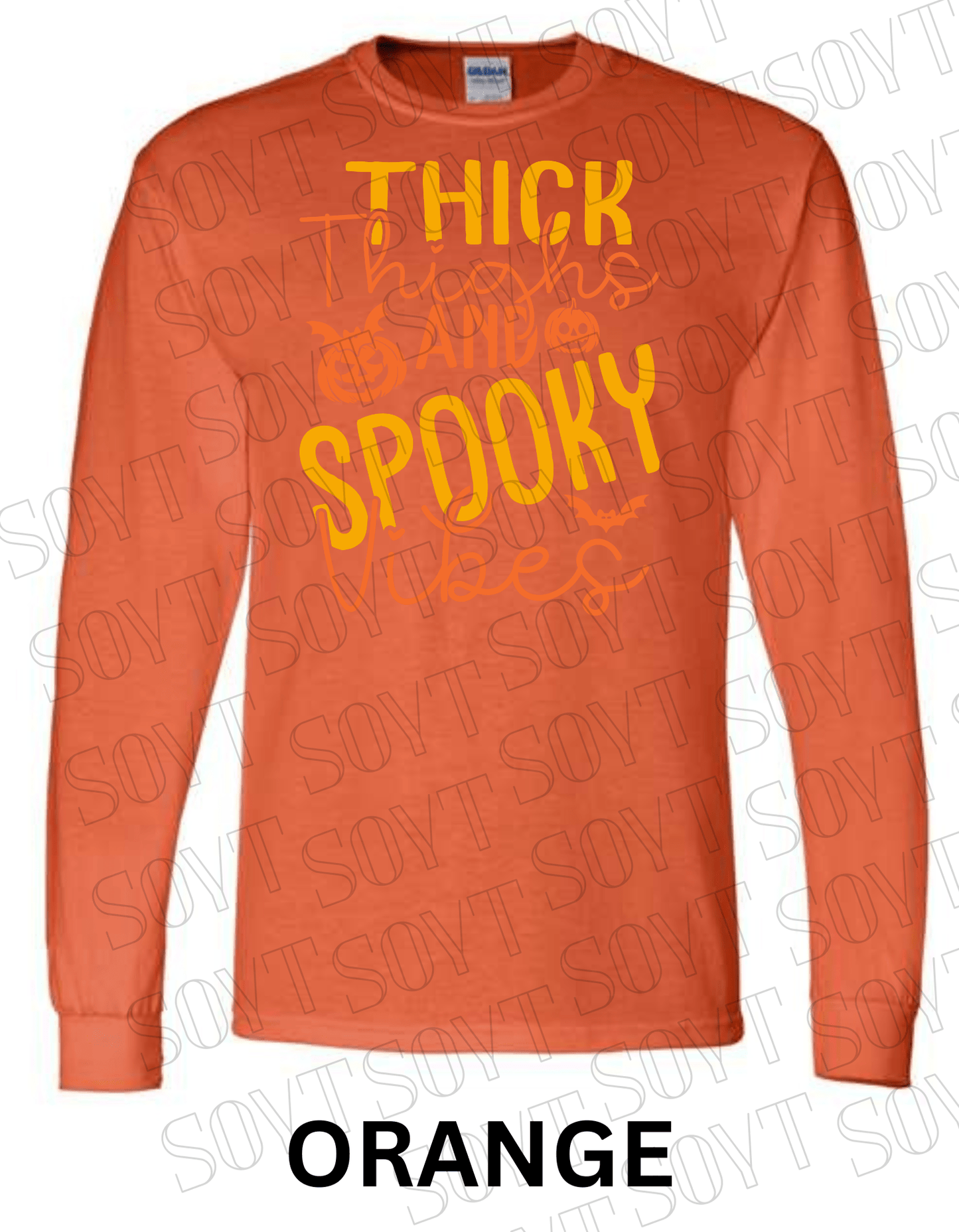 "Thick Thighs Spooky Vibes" Long Sleeve Shirt – Cute Retro Halloween Graphic Tee - Festive Apparel StoreOrange