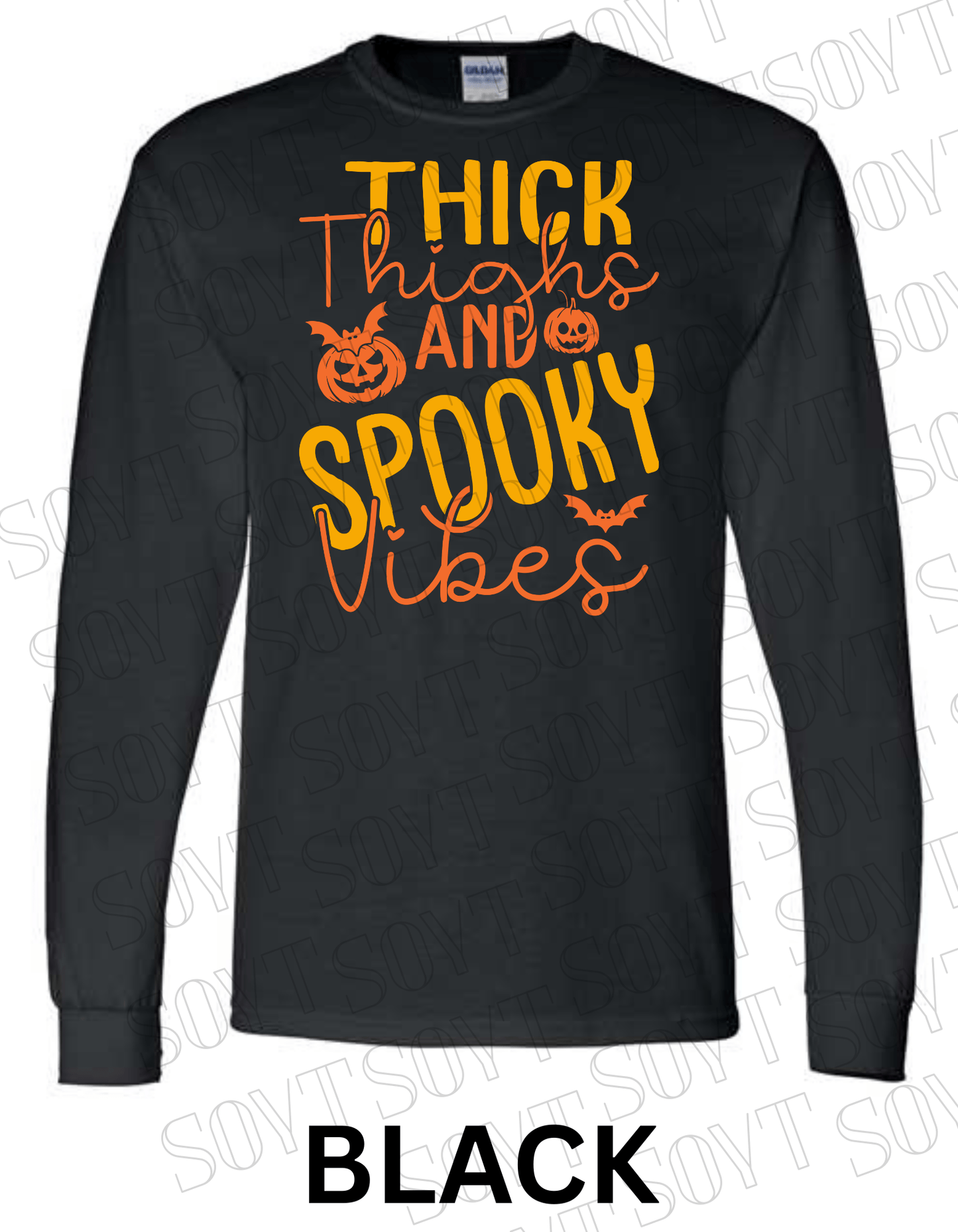 "Thick Thighs Spooky Vibes" Long Sleeve Shirt – Cute Retro Halloween Graphic Tee - Festive Apparel StoreBlack