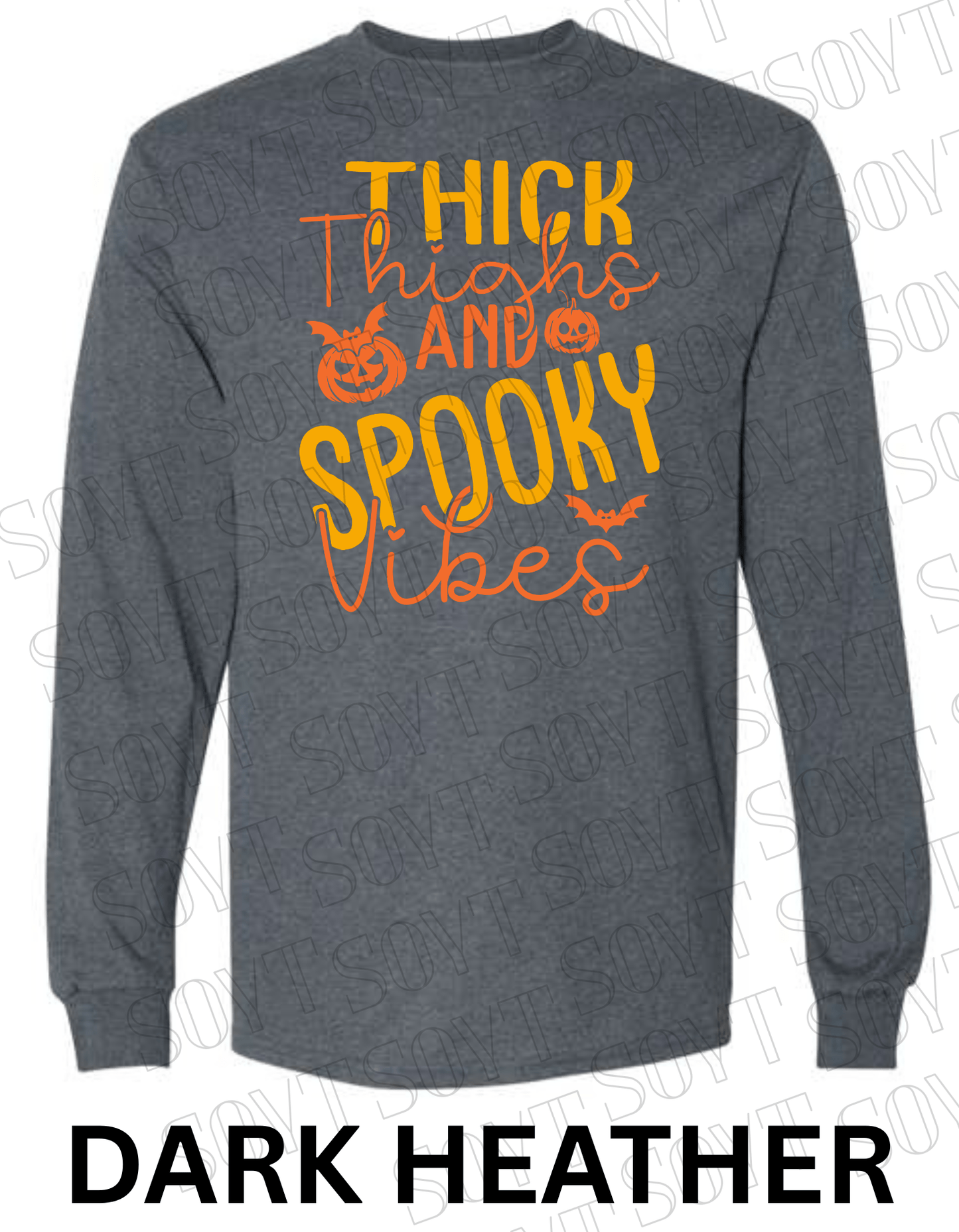 "Thick Thighs Spooky Vibes" Long Sleeve Shirt – Cute Retro Halloween Graphic Tee - Festive Apparel StoreDark Heather