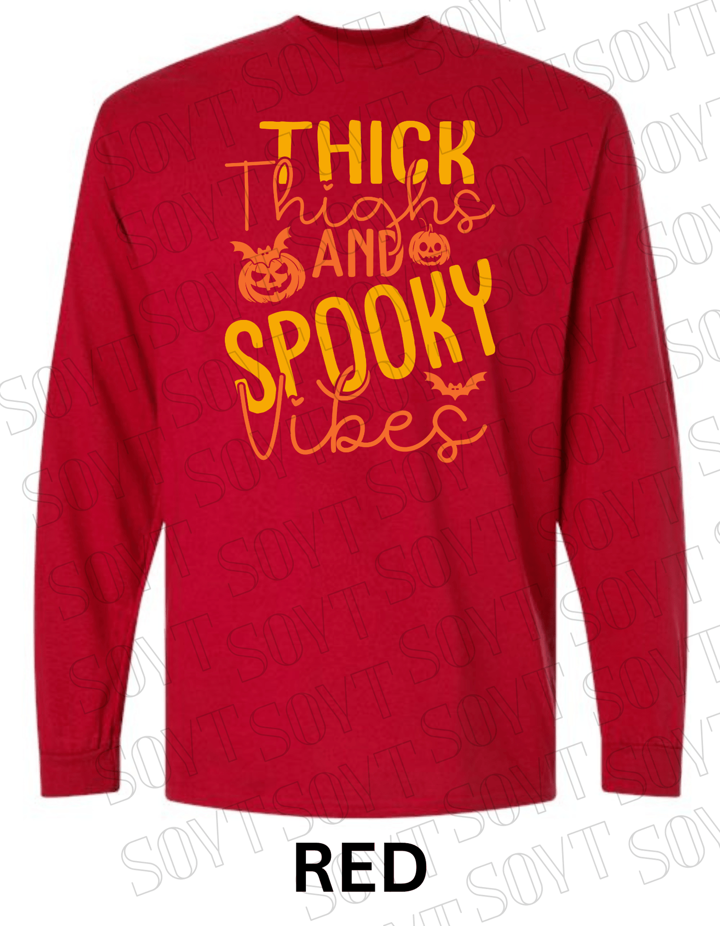 "Thick Thighs Spooky Vibes" Long Sleeve Shirt – Cute Retro Halloween Graphic Tee - Festive Apparel StoreRed