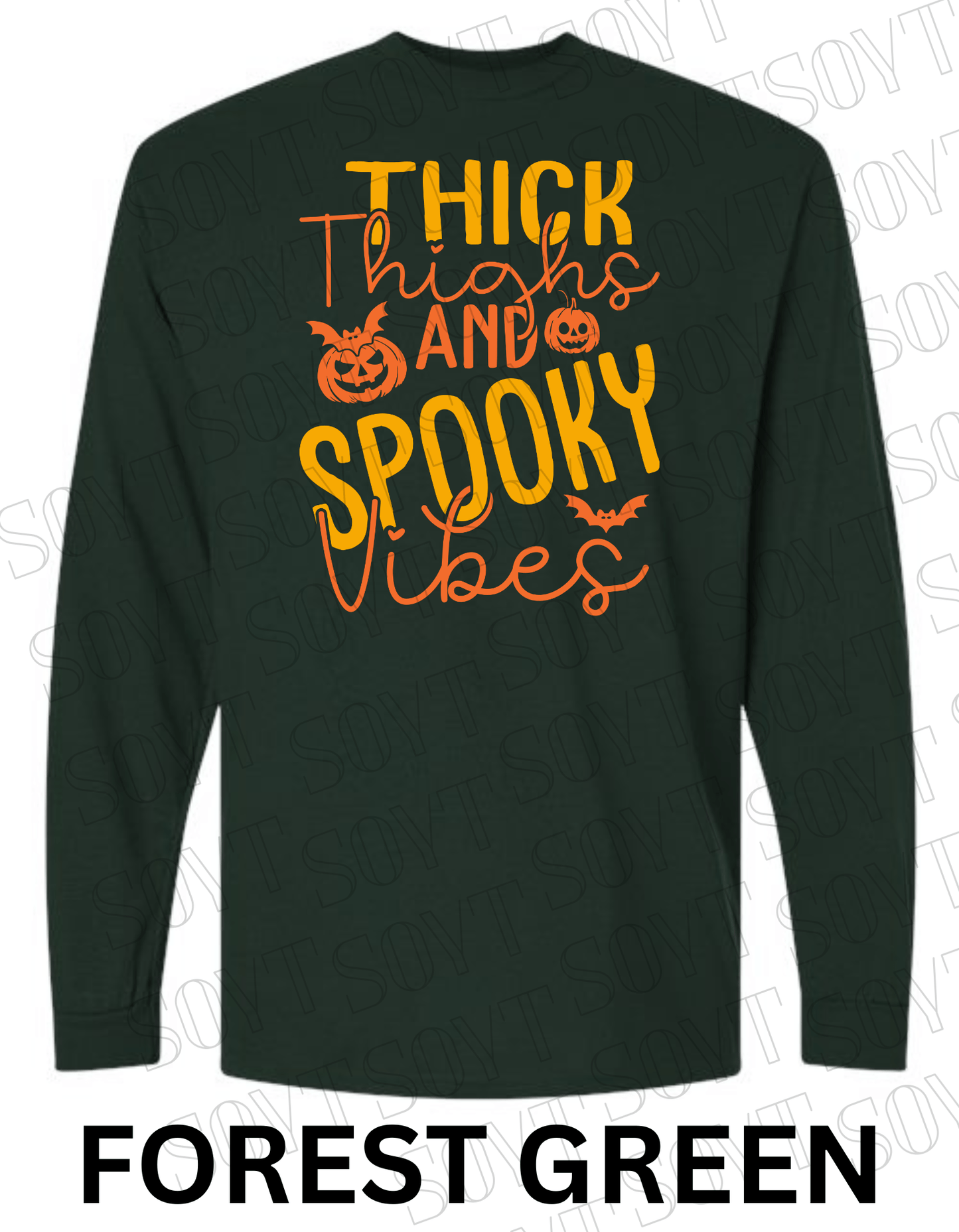 "Thick Thighs Spooky Vibes" Long Sleeve Shirt – Cute Retro Halloween Graphic Tee - Festive Apparel StoreForest Green