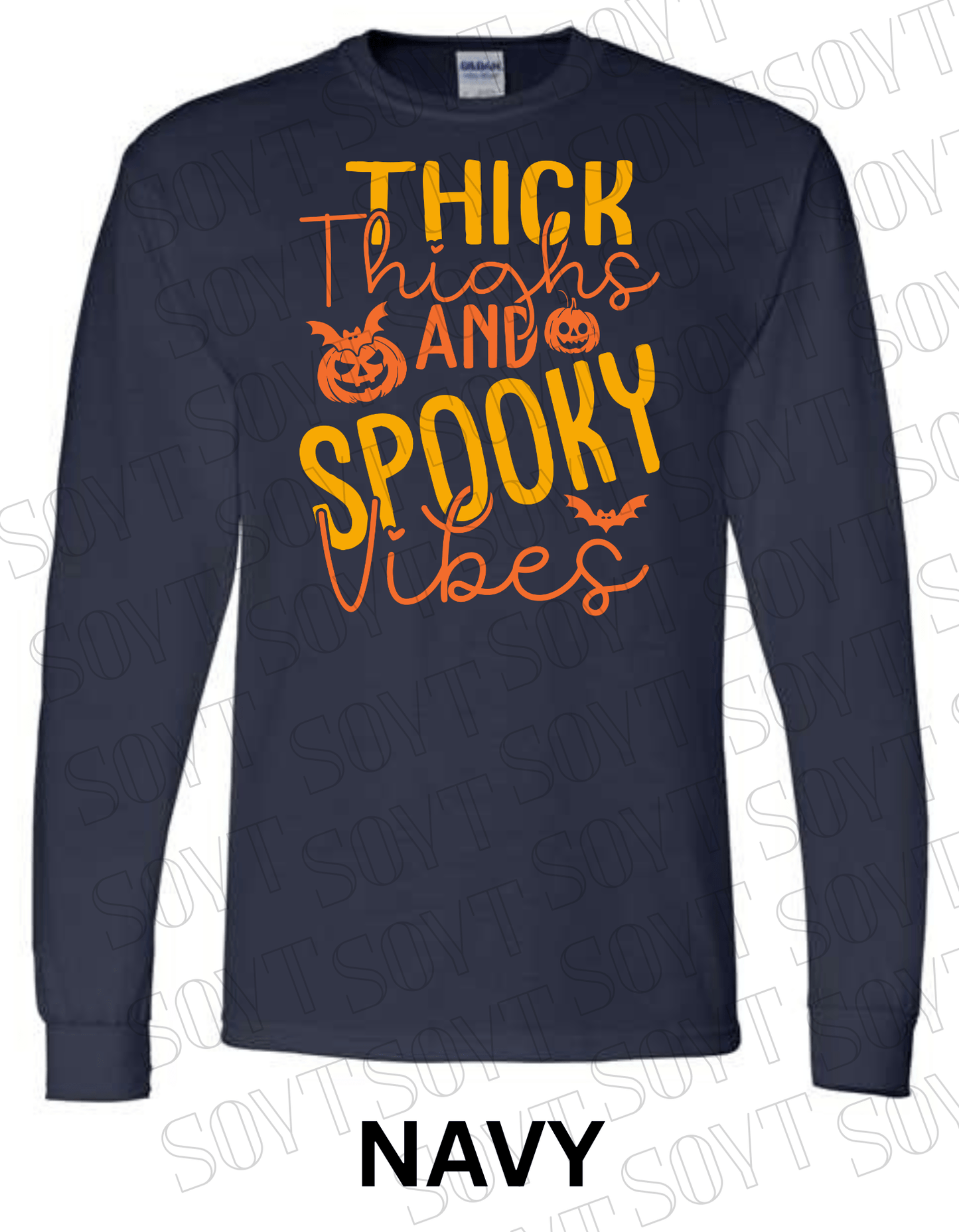 "Thick Thighs Spooky Vibes" Long Sleeve Shirt – Cute Retro Halloween Graphic Tee - Festive Apparel StoreNavy Blue