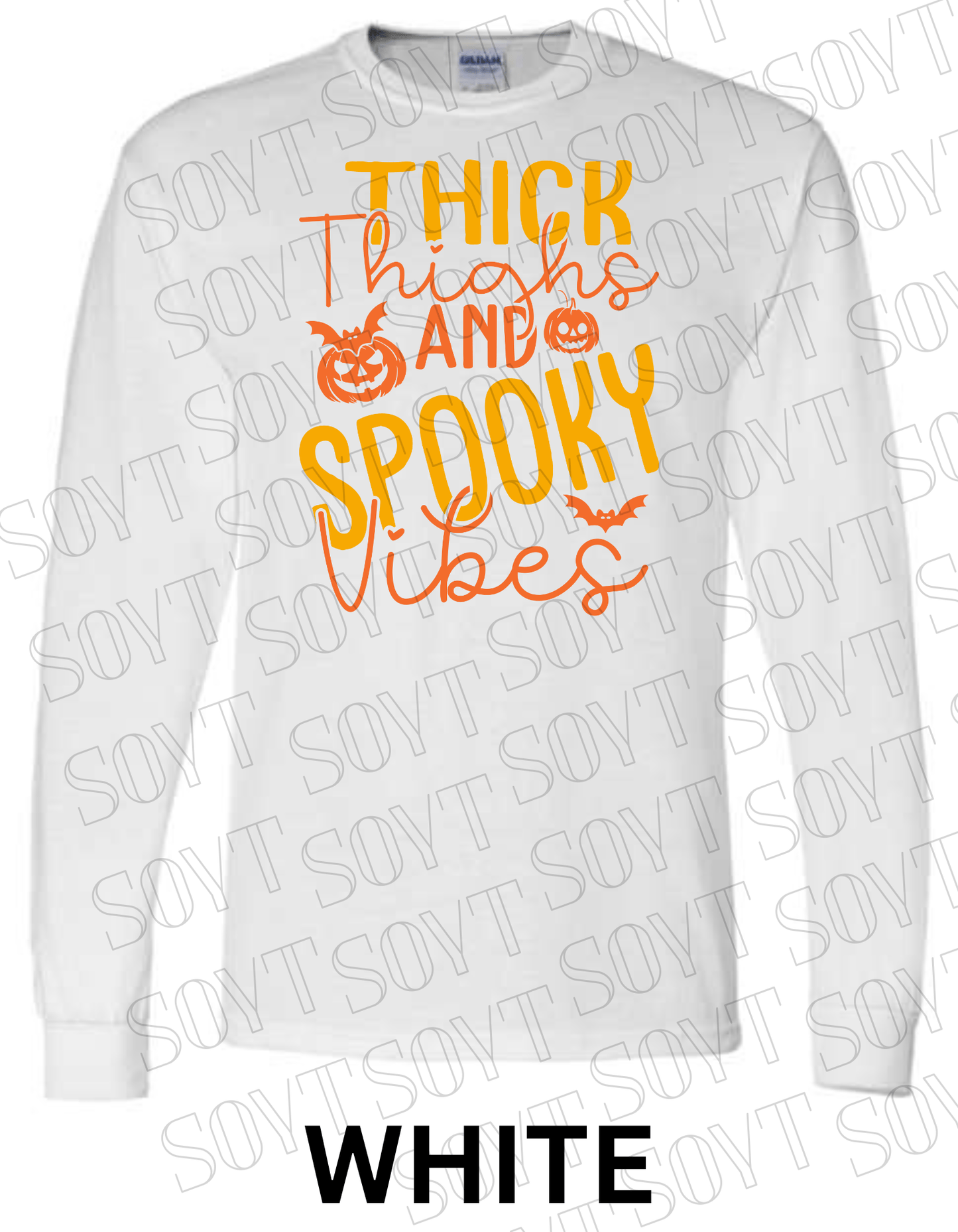 "Thick Thighs Spooky Vibes" Long Sleeve Shirt – Cute Retro Halloween Graphic Tee - Festive Apparel StoreWhite
