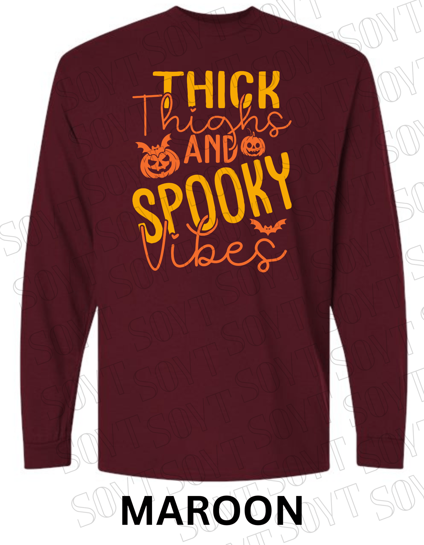 "Thick Thighs Spooky Vibes" Long Sleeve Shirt – Cute Retro Halloween Graphic Tee - Festive Apparel StoreMaroon