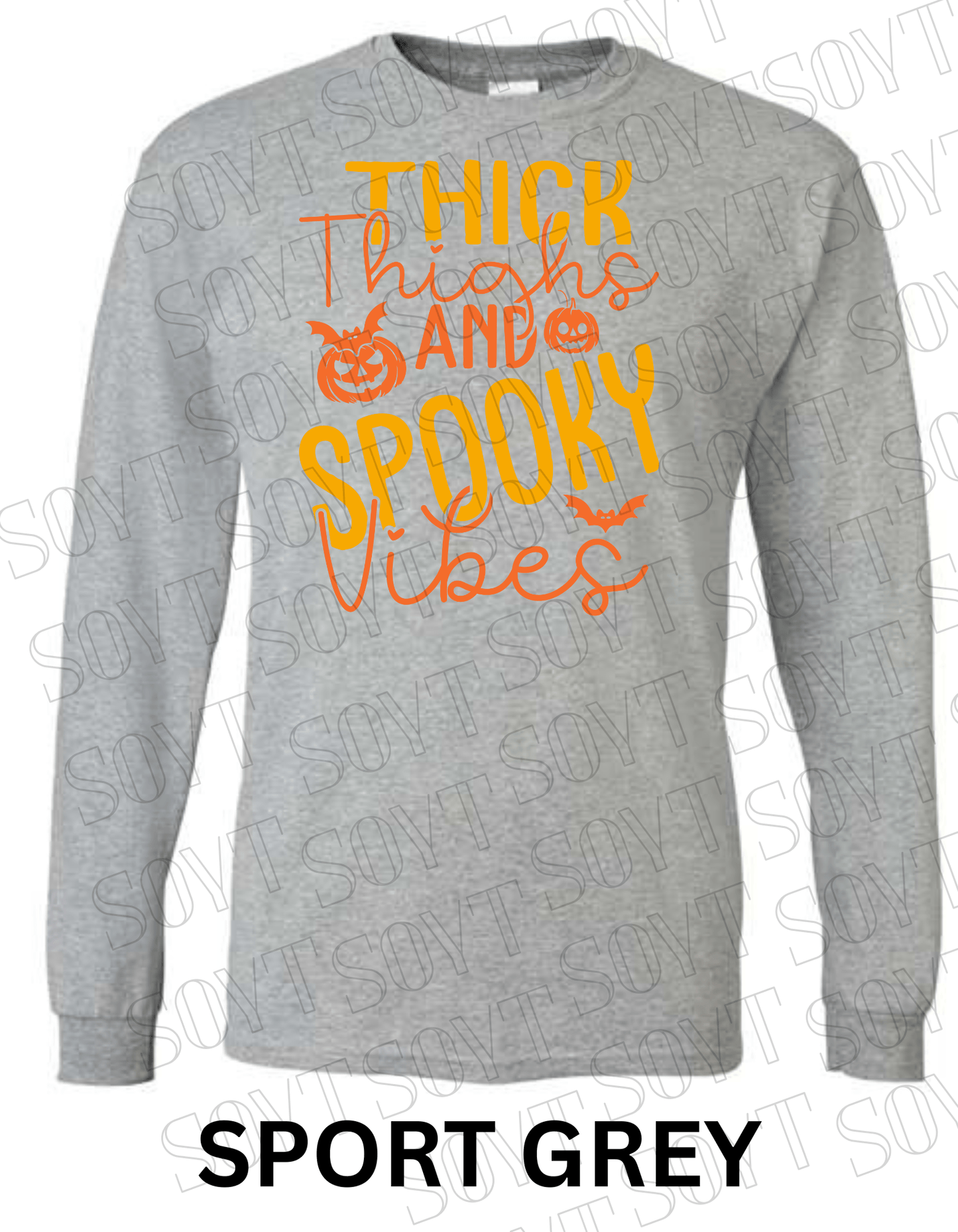 "Thick Thighs Spooky Vibes" Long Sleeve Shirt – Cute Retro Halloween Graphic Tee - Festive Apparel StoreSport Grey