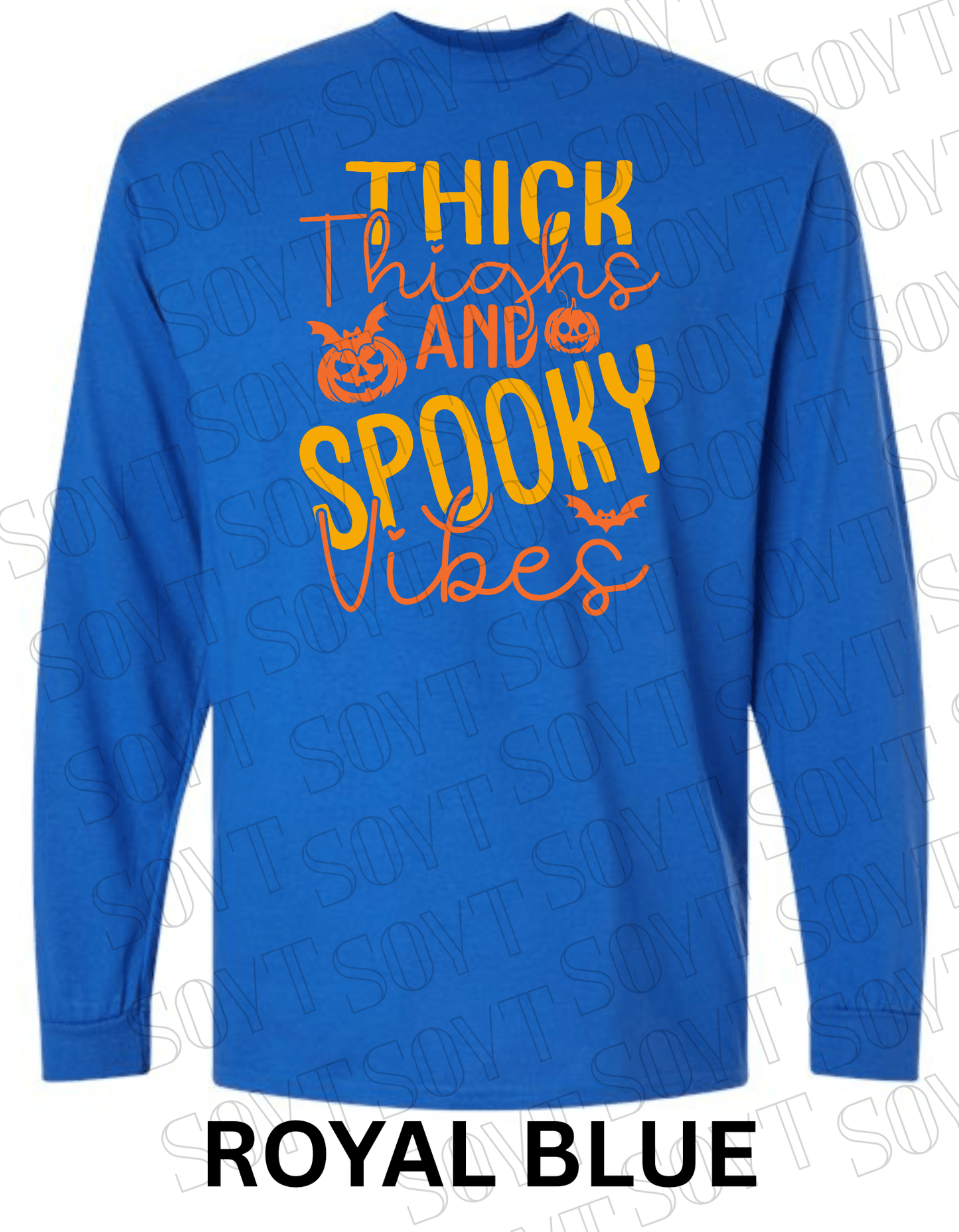 "Thick Thighs Spooky Vibes" Long Sleeve Shirt – Cute Retro Halloween Graphic Tee - Festive Apparel StoreRoyal Blue
