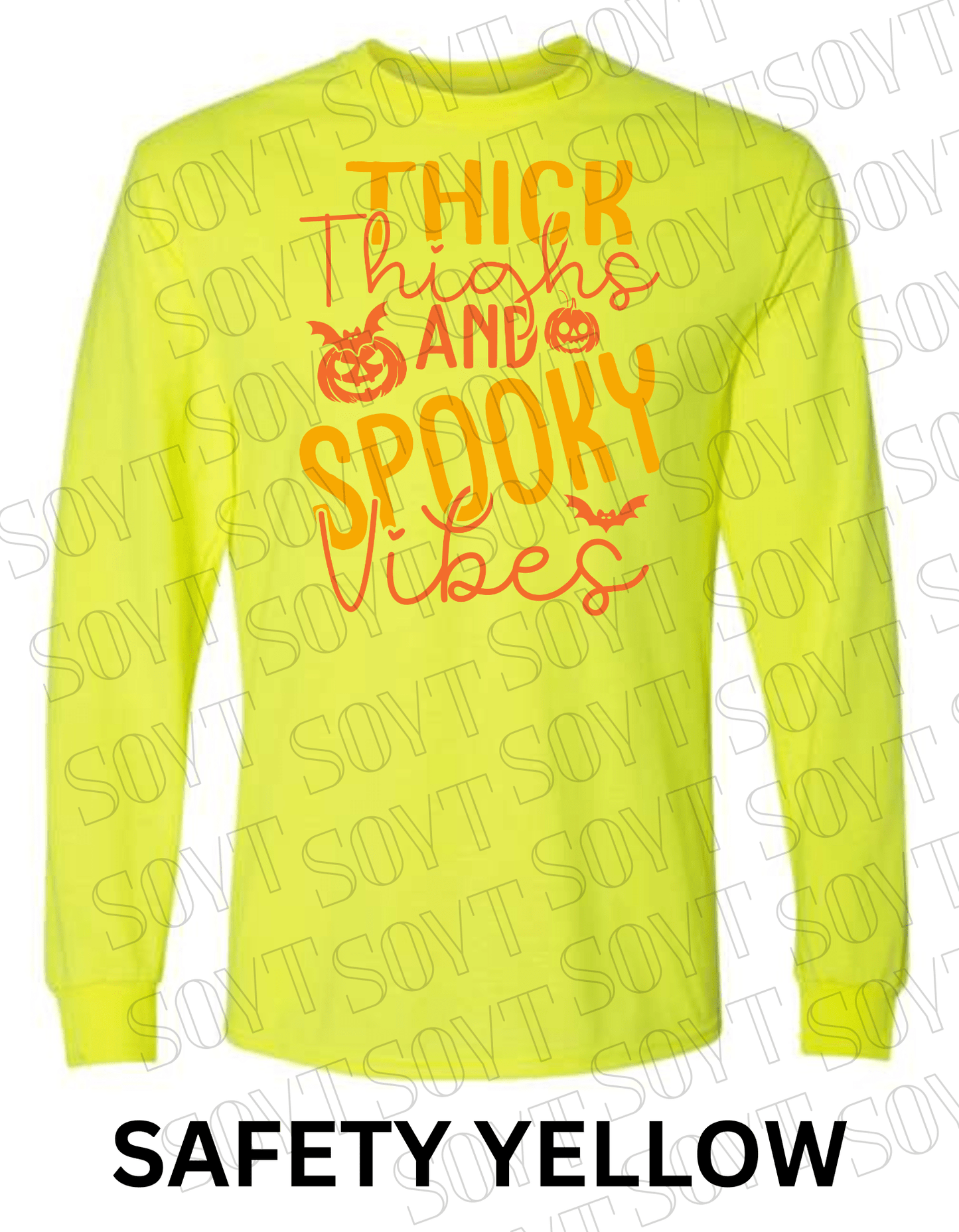 "Thick Thighs Spooky Vibes" Long Sleeve Shirt – Cute Retro Halloween Graphic Tee - Festive Apparel StoreSafety Yellow