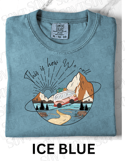 This Is How We Roll T-Shirt – Retro Van & Mountain Creek Camping Tee - Festive Apparel StoreIce Blue