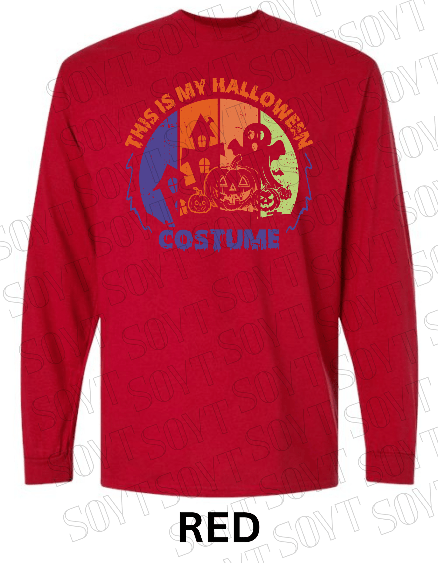 "This Is My Halloween Costume" Long Sleeve Shirt – Funny Retro Ghost & Pumpkin Graphic Tee - Festive Apparel StoreRed