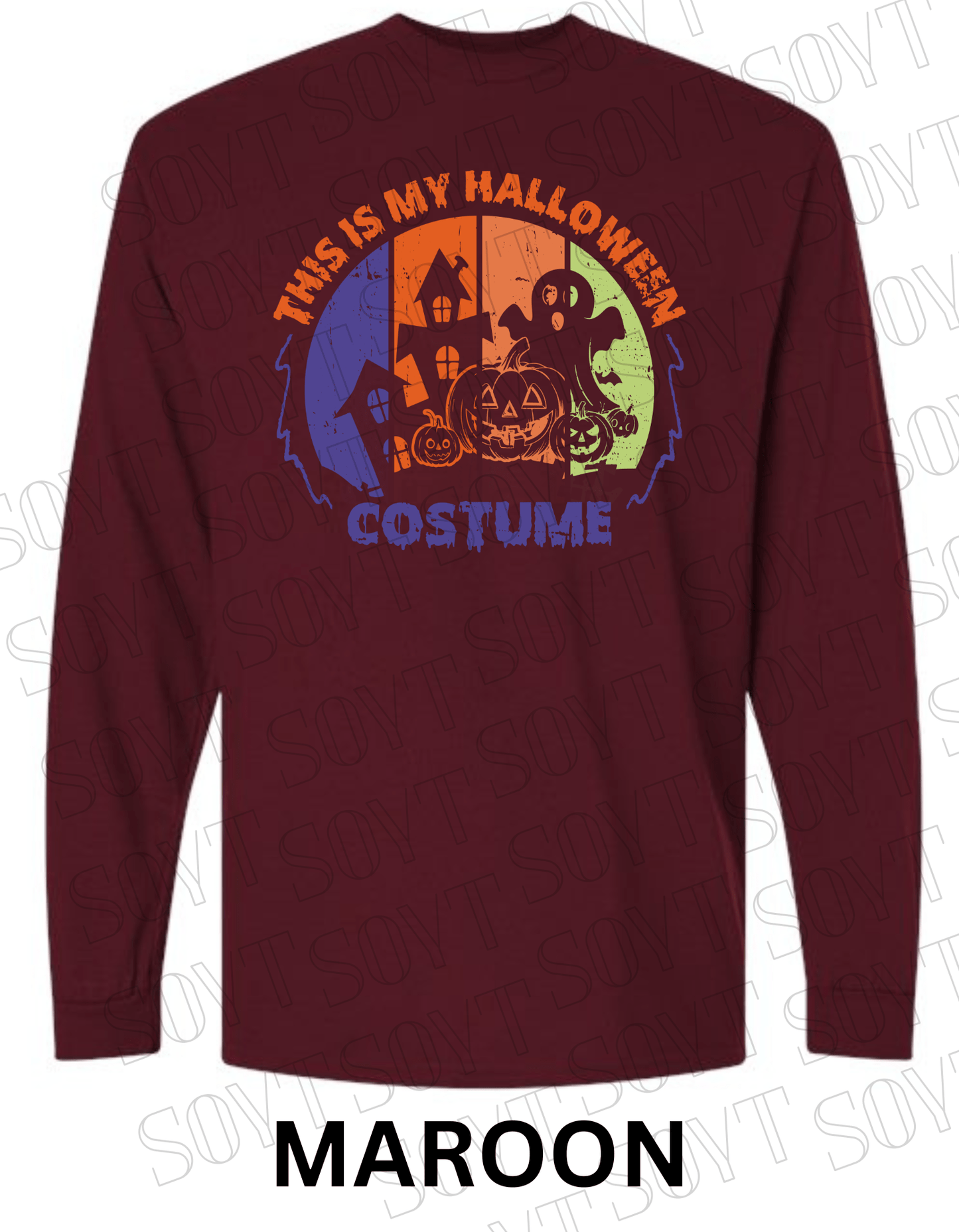 "This Is My Halloween Costume" Long Sleeve Shirt – Funny Retro Ghost & Pumpkin Graphic Tee - Festive Apparel StoreMaroon
