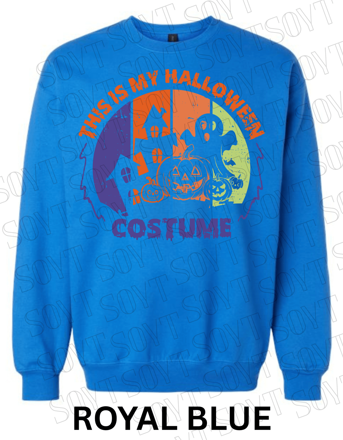 "This Is My Halloween Costume" Sweatshirt – Funny Retro Ghost, Pumpkin & Haunted House Pullover - Festive Apparel StoreRoyal Blue