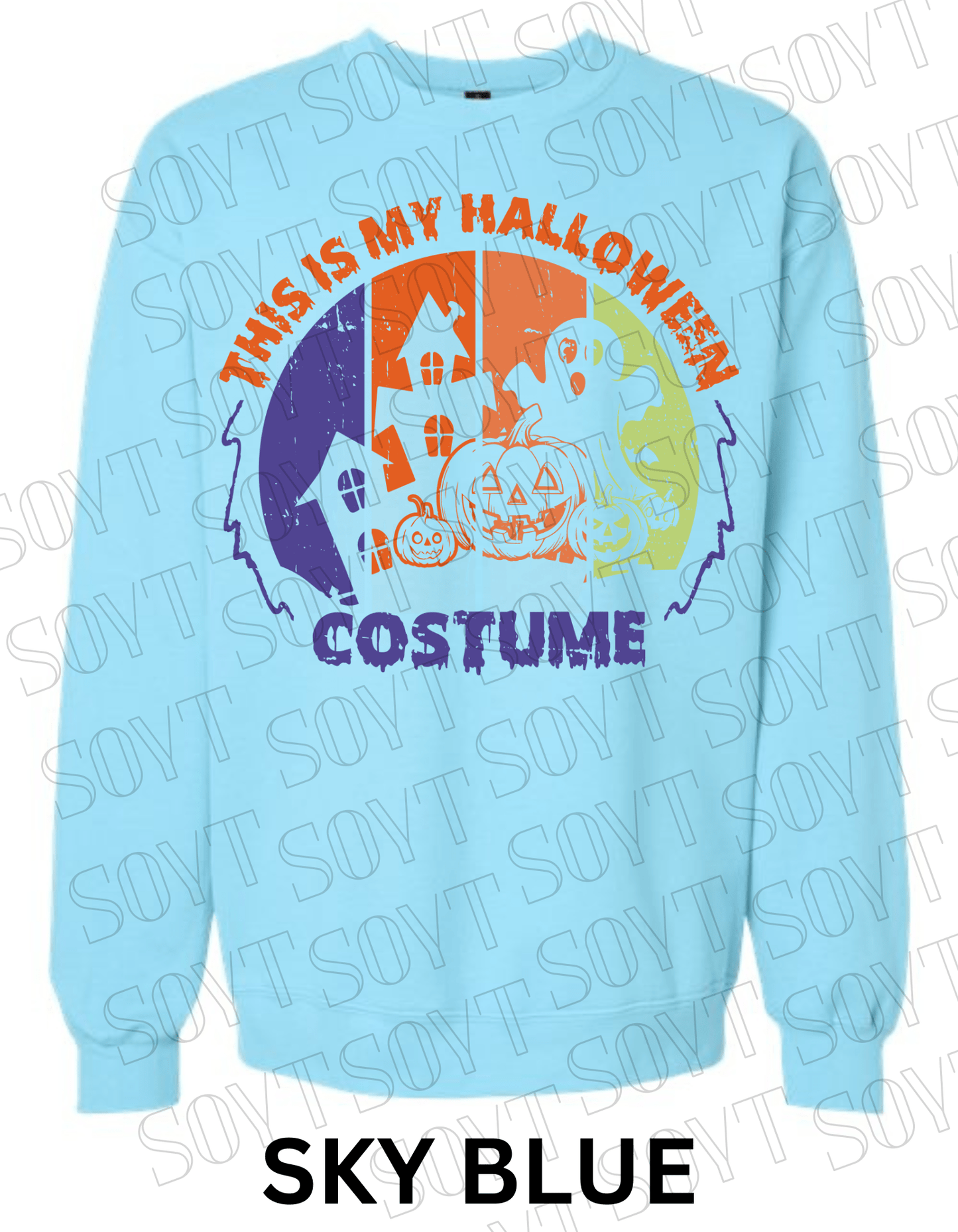 "This Is My Halloween Costume" Sweatshirt – Funny Retro Ghost, Pumpkin & Haunted House Pullover - Festive Apparel StoreSky Blue
