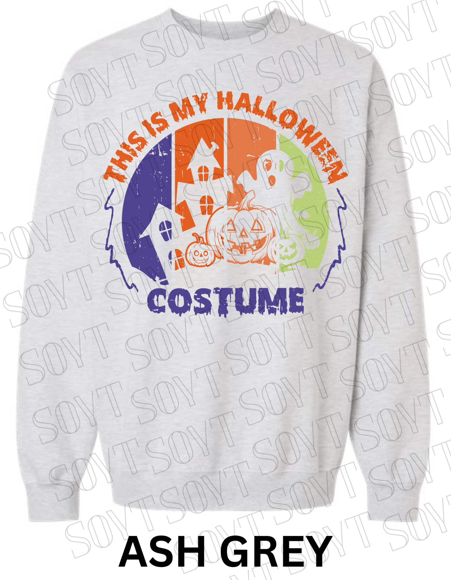 "This Is My Halloween Costume" Sweatshirt – Funny Retro Ghost, Pumpkin & Haunted House Pullover - Festive Apparel StoreAsh Grey