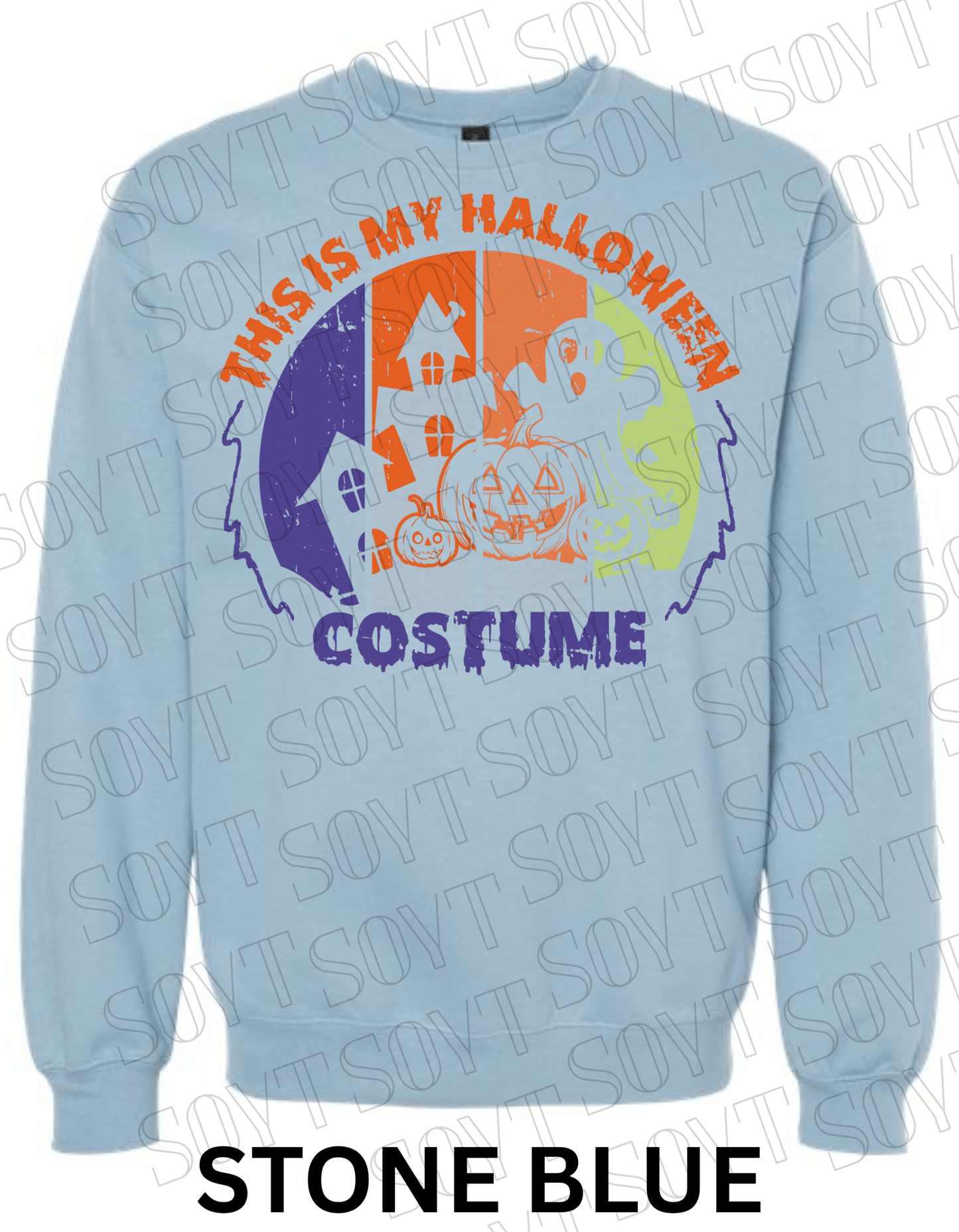 "This Is My Halloween Costume" Sweatshirt – Funny Retro Ghost, Pumpkin & Haunted House Pullover - Festive Apparel StoreStone Blue