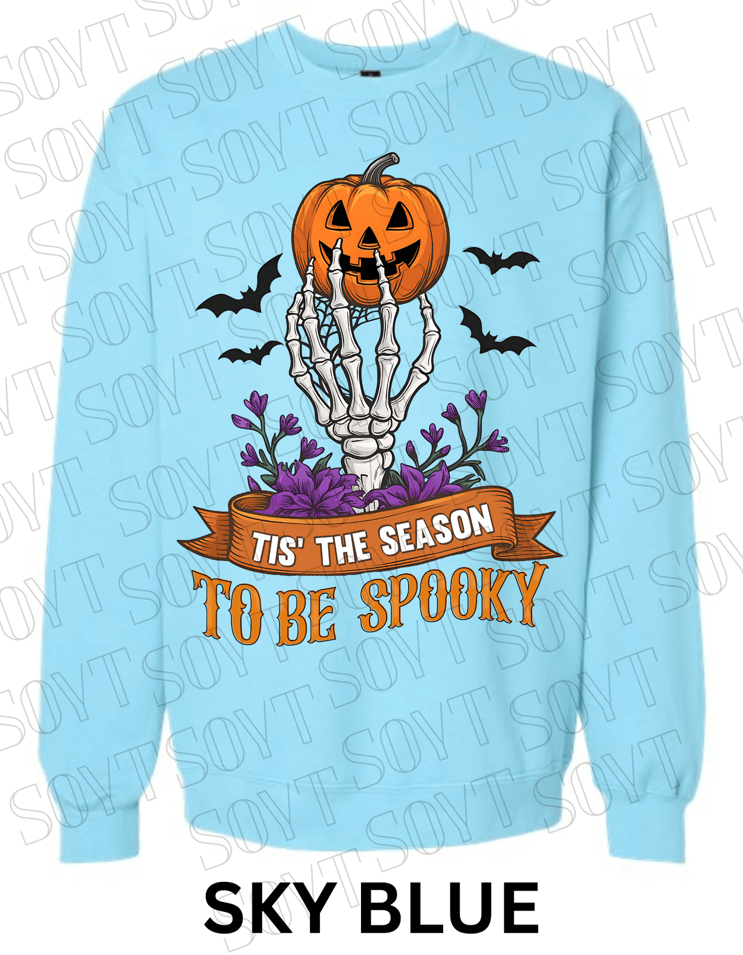 "Tis’ the Season to Be Spooky" Halloween Sweatshirt – Skeleton Hand, Pumpkin & Floral Fleece Pullover - Festive Apparel StoreSky Blue