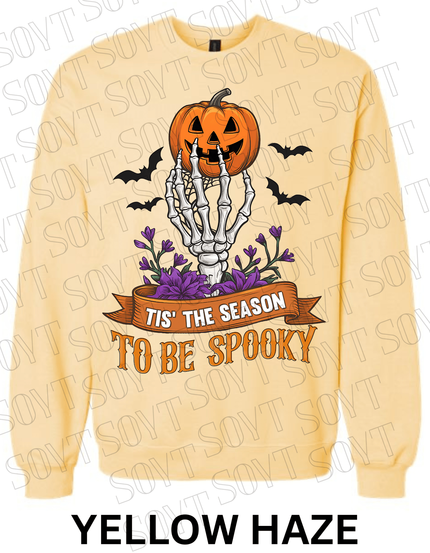 "Tis’ the Season to Be Spooky" Halloween Sweatshirt – Skeleton Hand, Pumpkin & Floral Fleece Pullover - Festive Apparel StoreYellow Haze