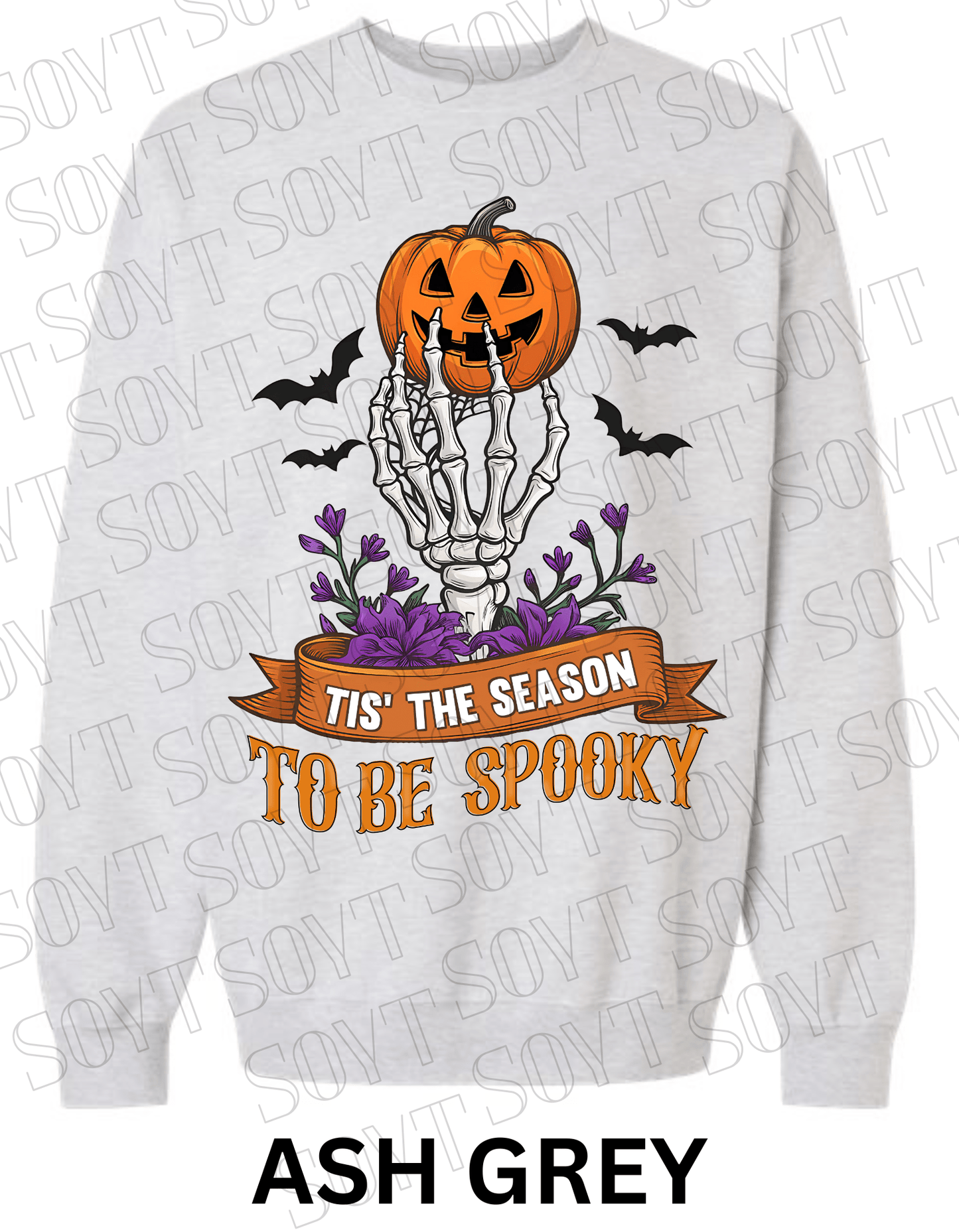 "Tis’ the Season to Be Spooky" Halloween Sweatshirt – Skeleton Hand, Pumpkin & Floral Fleece Pullover - Festive Apparel StoreAsh Grey