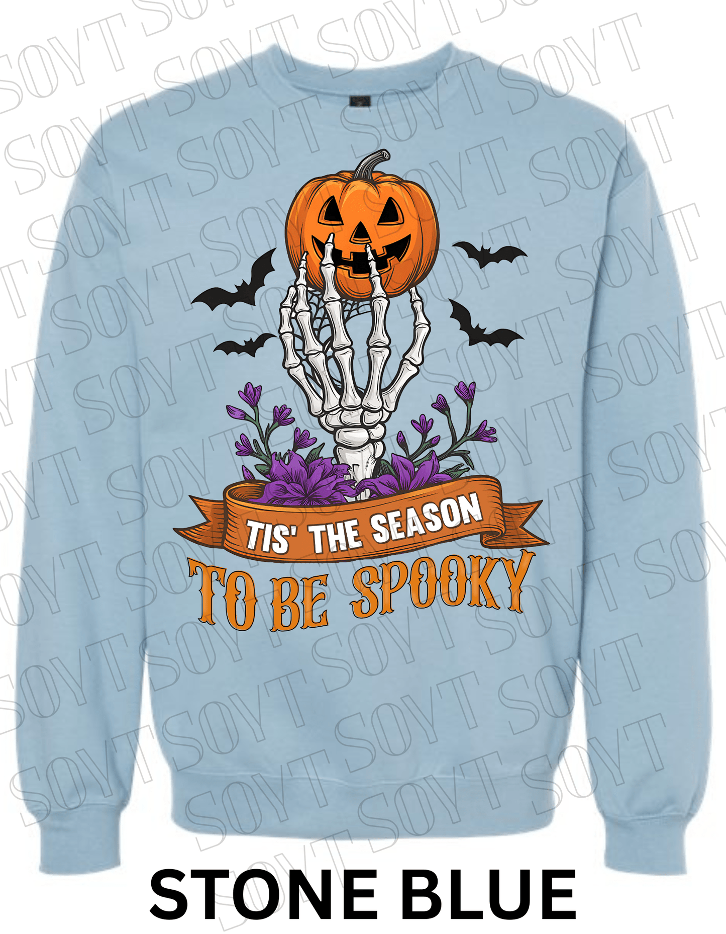 "Tis’ the Season to Be Spooky" Halloween Sweatshirt – Skeleton Hand, Pumpkin & Floral Fleece Pullover - Festive Apparel StoreStone Blue