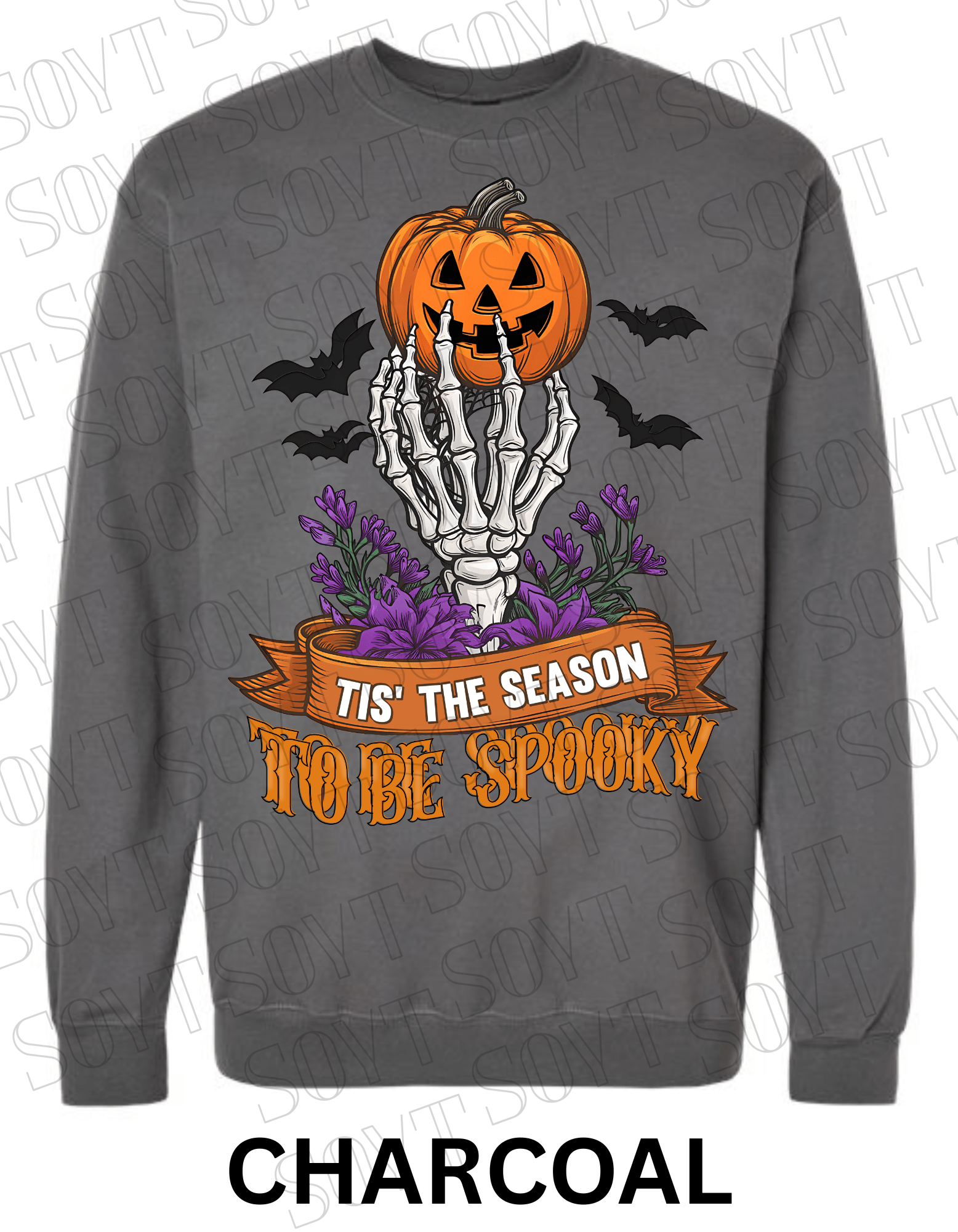 "Tis’ the Season to Be Spooky" Halloween Sweatshirt – Skeleton Hand, Pumpkin & Floral Fleece Pullover - Festive Apparel StoreCharcoal