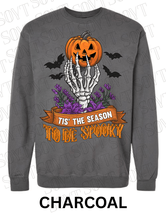 "Tis’ the Season to Be Spooky" Halloween Sweatshirt – Skeleton Hand, Pumpkin & Floral Fleece Pullover - Festive Apparel StoreCharcoal