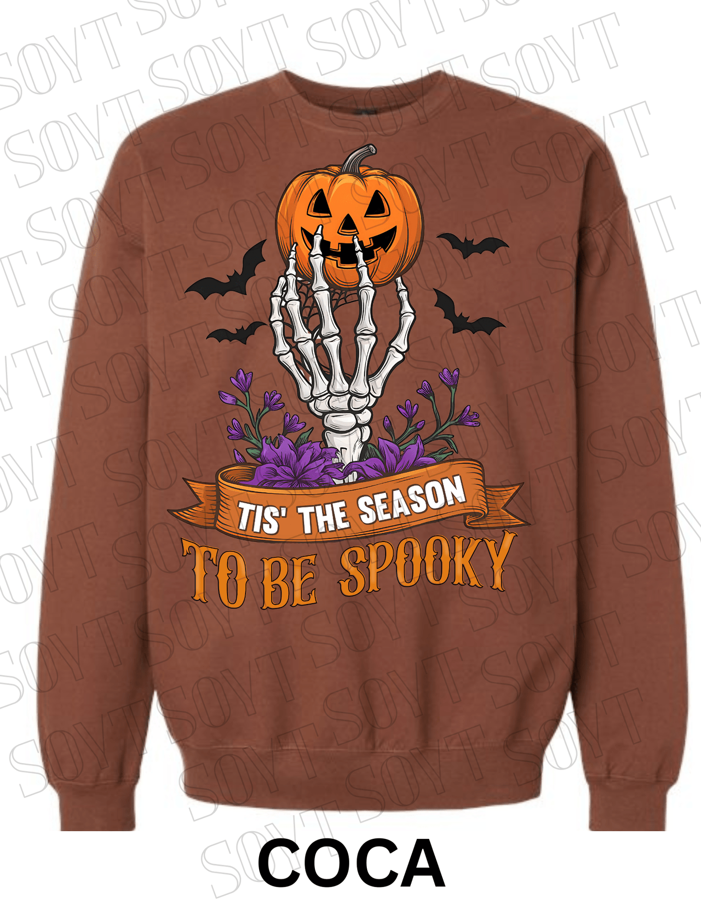 "Tis’ the Season to Be Spooky" Halloween Sweatshirt – Skeleton Hand, Pumpkin & Floral Fleece Pullover - Festive Apparel StoreCocoa Brown