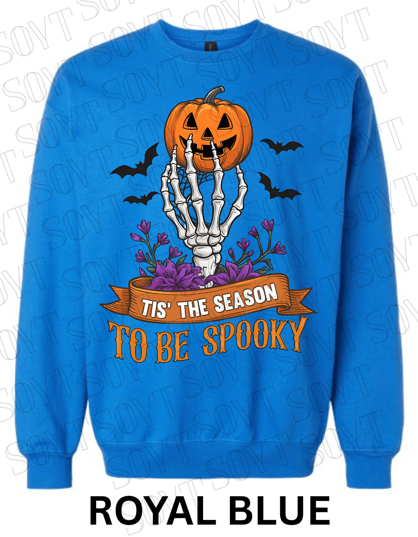 "Tis’ the Season to Be Spooky" Halloween Sweatshirt – Skeleton Hand, Pumpkin & Floral Fleece Pullover - Festive Apparel StoreRoyal Blue