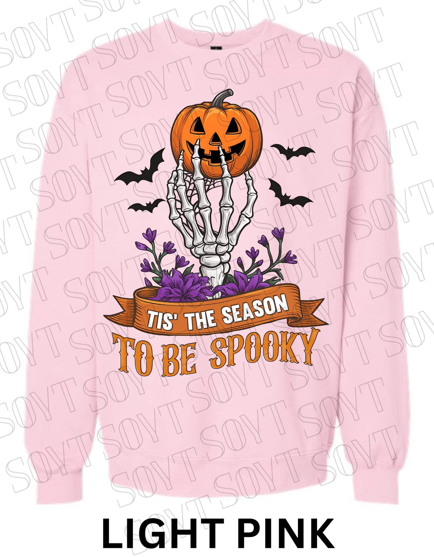 "Tis’ the Season to Be Spooky" Halloween Sweatshirt – Skeleton Hand, Pumpkin & Floral Fleece Pullover - Festive Apparel StoreLight Pink