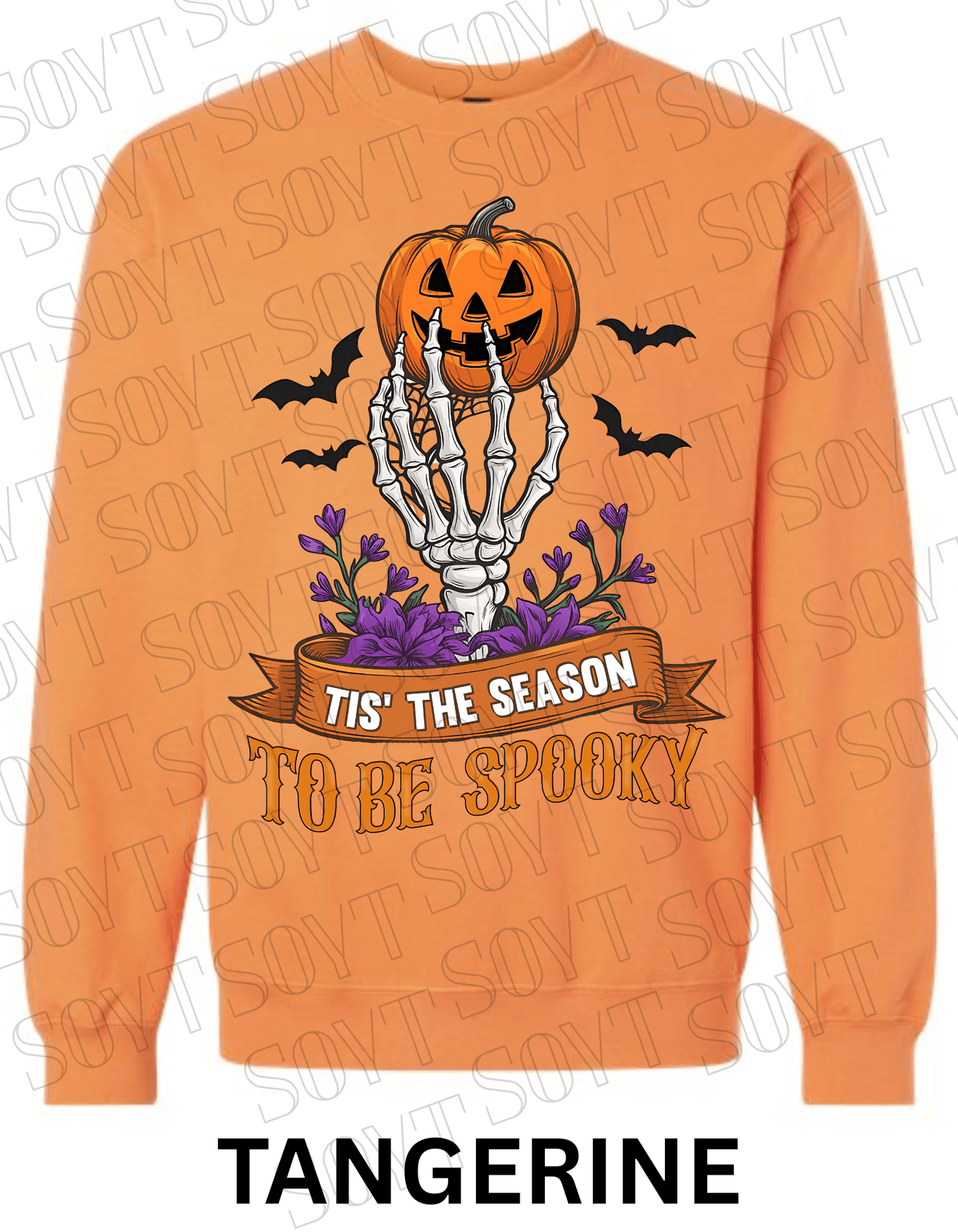 "Tis’ the Season to Be Spooky" Halloween Sweatshirt – Skeleton Hand, Pumpkin & Floral Fleece Pullover - Festive Apparel StoreTangerine