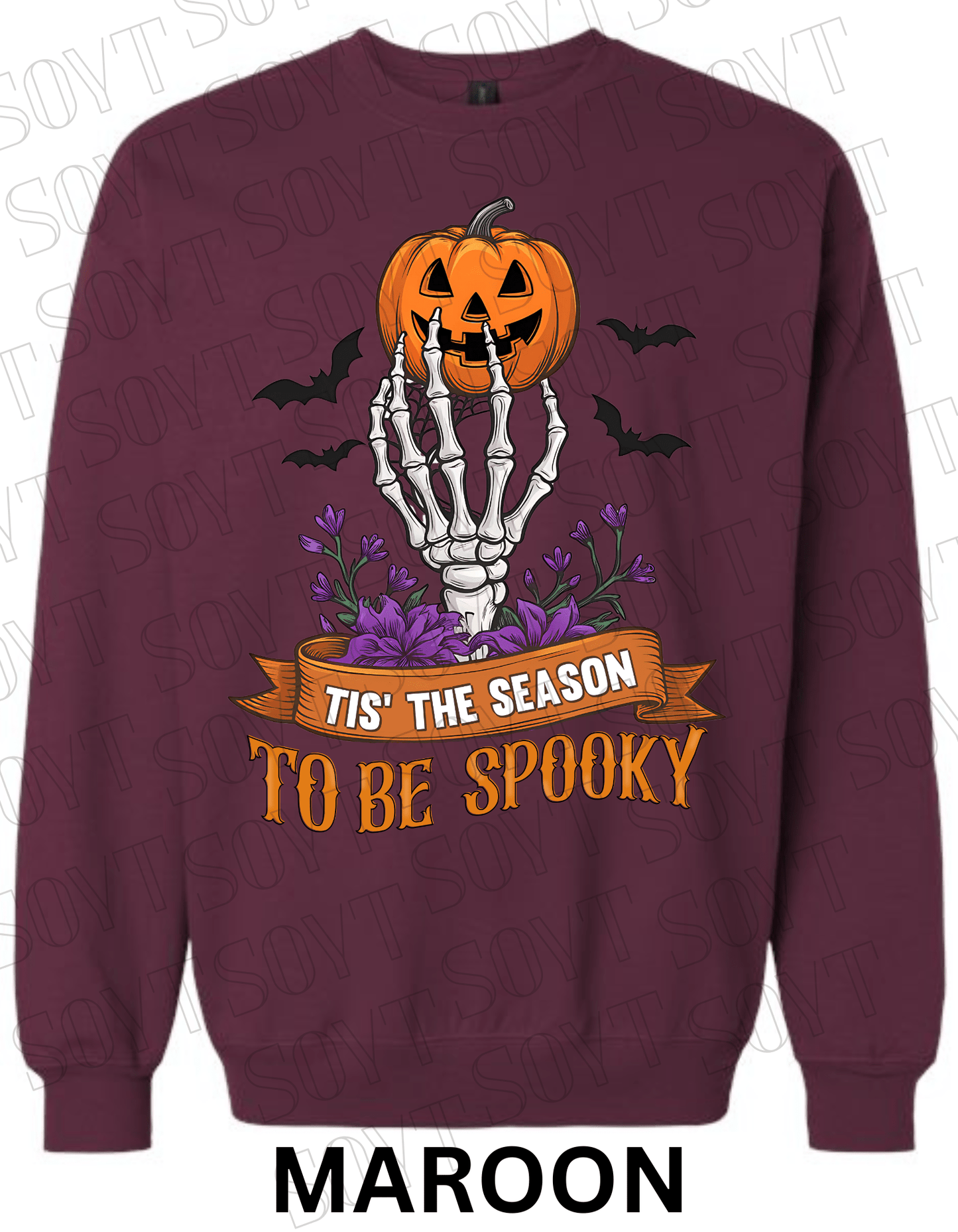 "Tis’ the Season to Be Spooky" Halloween Sweatshirt – Skeleton Hand, Pumpkin & Floral Fleece Pullover - Festive Apparel StoreMaroon