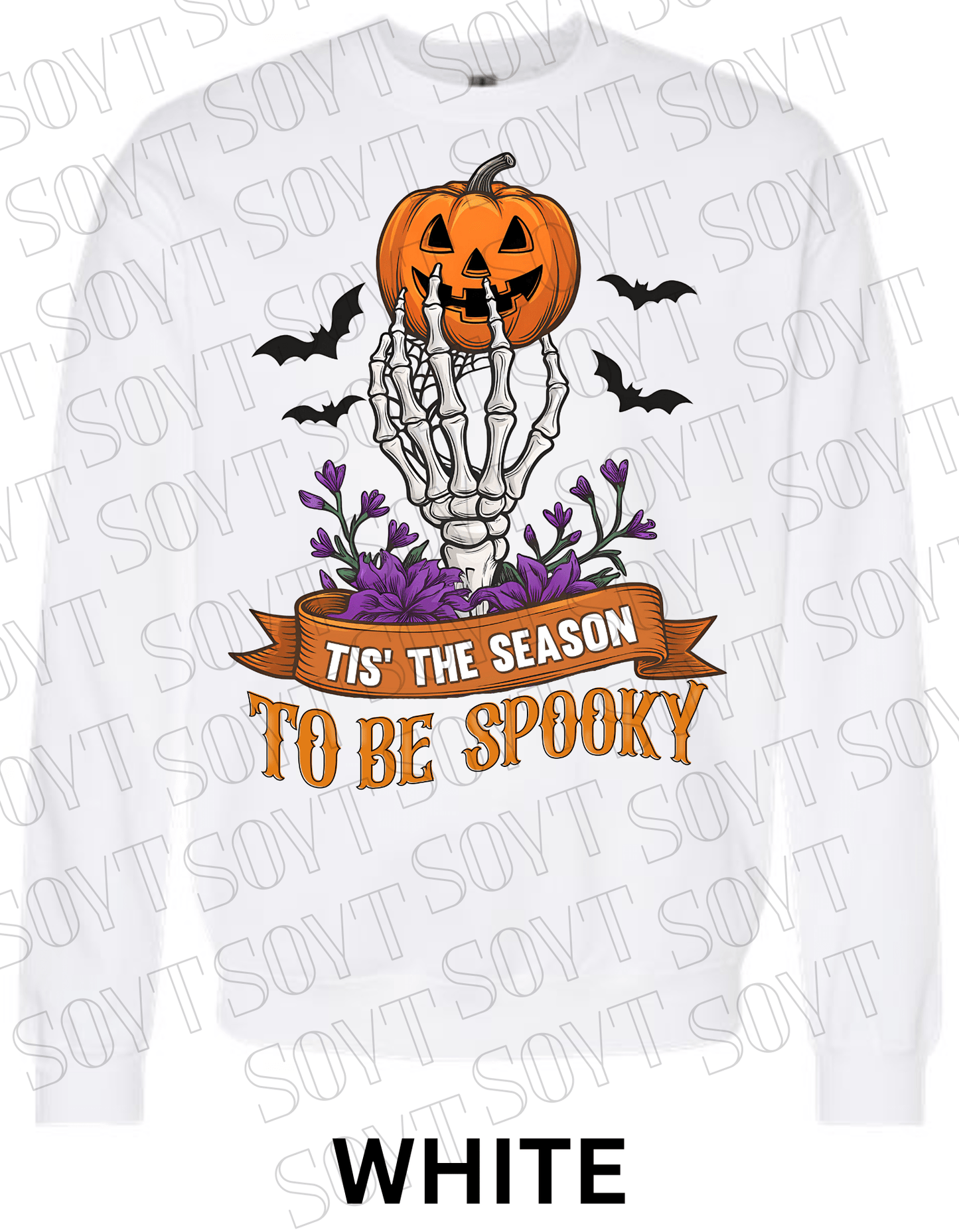 "Tis’ the Season to Be Spooky" Halloween Sweatshirt – Skeleton Hand, Pumpkin & Floral Fleece Pullover - Festive Apparel StoreWhite