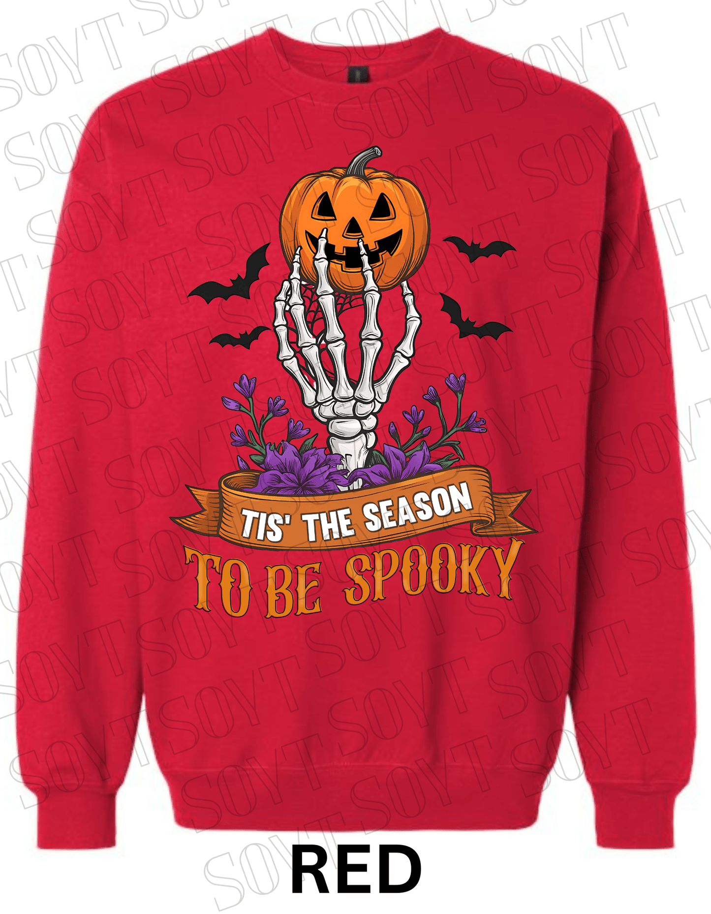 "Tis’ the Season to Be Spooky" Halloween Sweatshirt – Skeleton Hand, Pumpkin & Floral Fleece Pullover - Festive Apparel StoreRed