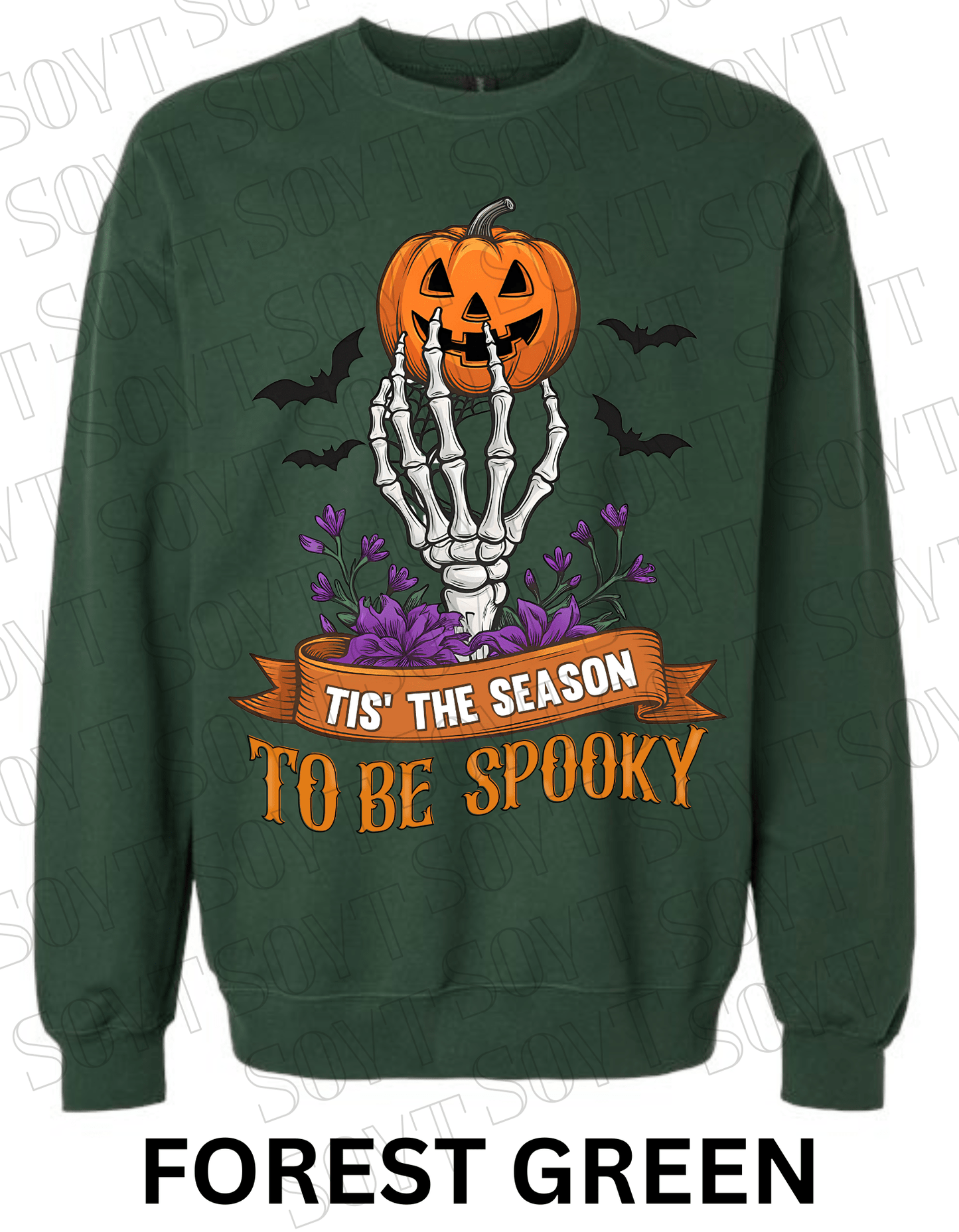 "Tis’ the Season to Be Spooky" Halloween Sweatshirt – Skeleton Hand, Pumpkin & Floral Fleece Pullover - Festive Apparel StoreForest Green