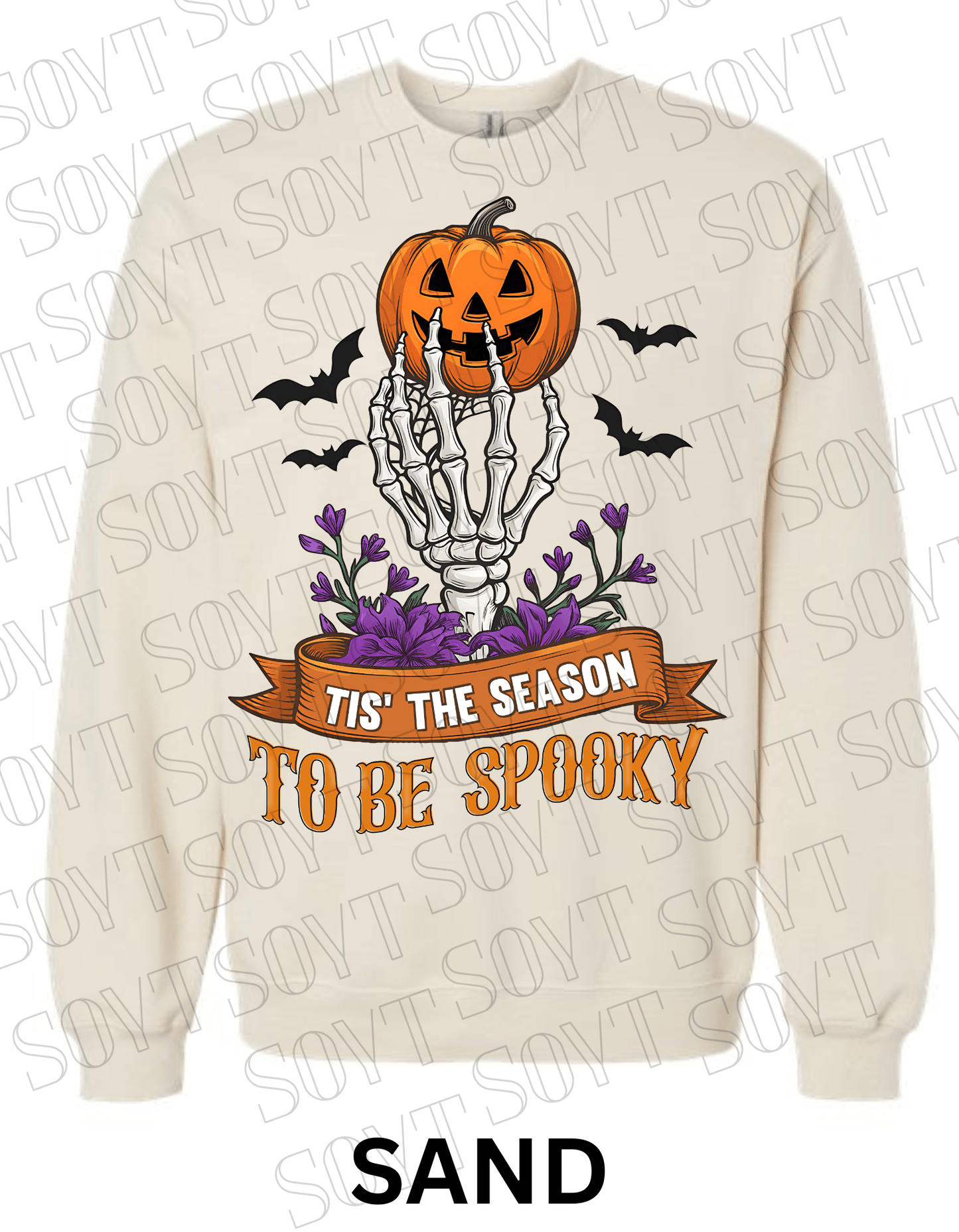 "Tis’ the Season to Be Spooky" Halloween Sweatshirt – Skeleton Hand, Pumpkin & Floral Fleece Pullover - Festive Apparel StoreSand