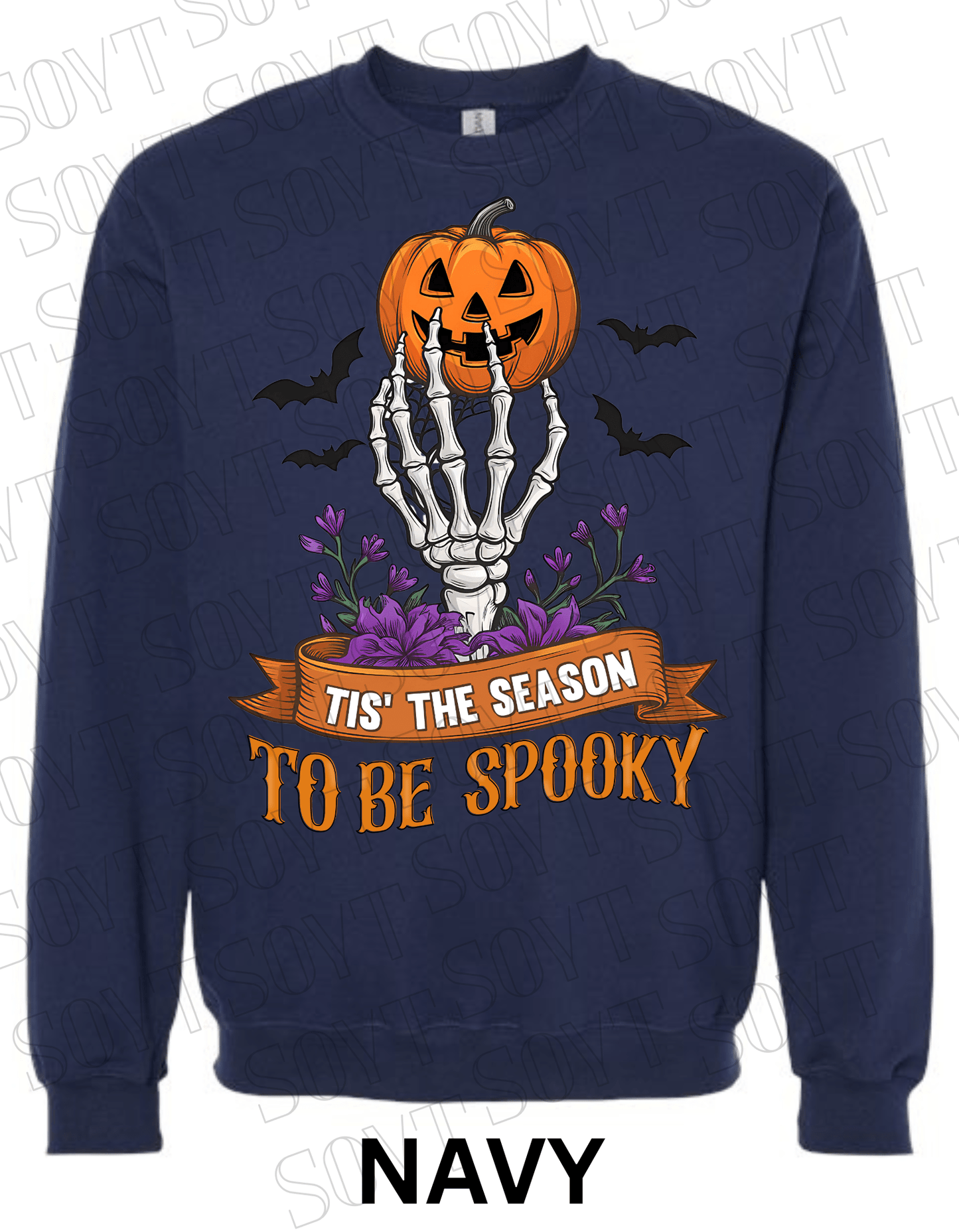 "Tis’ the Season to Be Spooky" Halloween Sweatshirt – Skeleton Hand, Pumpkin & Floral Fleece Pullover - Festive Apparel StoreNavy Blue