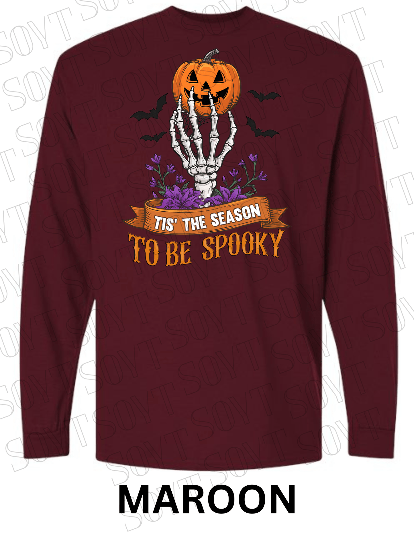 "Tis’ the Season to Be Spooky" Halloween T-Shirt – Skeleton Hand, Pumpkin & Floral Graphic Tee - Festive Apparel StoreMaroon