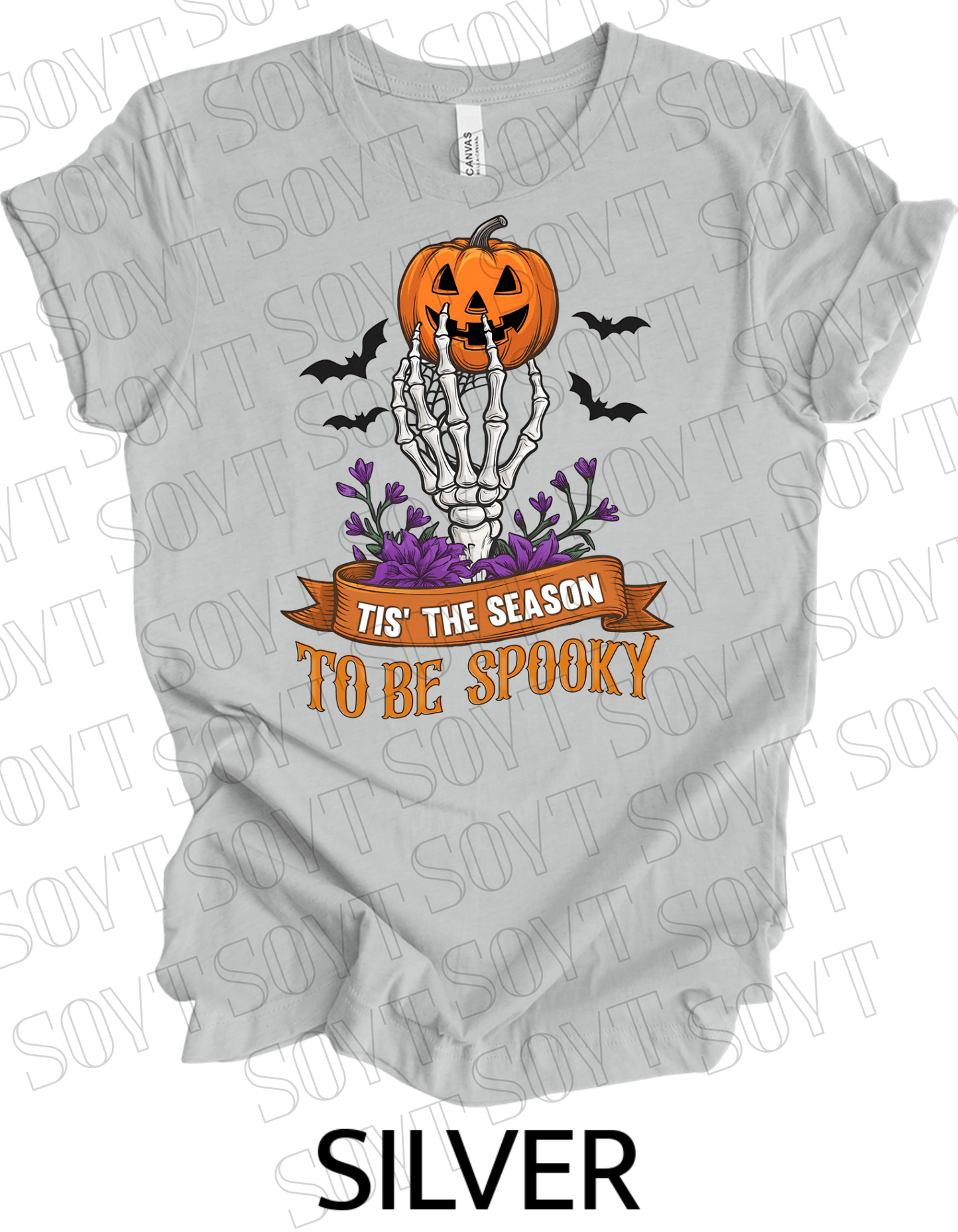 "Tis’ the Season to Be Spooky" Halloween T-Shirt – Skeleton Hand, Pumpkin & Floral Graphic Tee - Festive Apparel StoreSilver