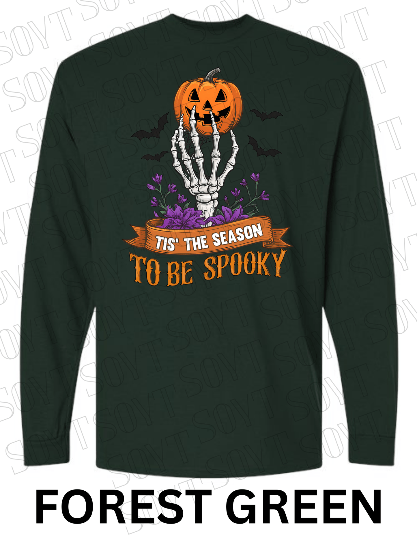 "Tis’ the Season to Be Spooky" Halloween T-Shirt – Skeleton Hand, Pumpkin & Floral Graphic Tee - Festive Apparel StoreForest Green