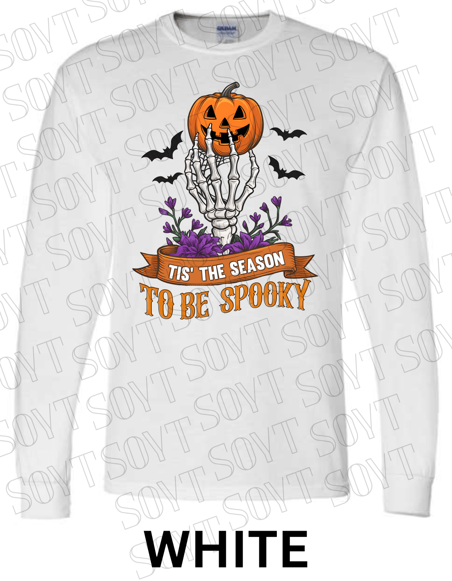 "Tis’ the Season to Be Spooky" Halloween T-Shirt – Skeleton Hand, Pumpkin & Floral Graphic Tee - Festive Apparel StoreWhite
