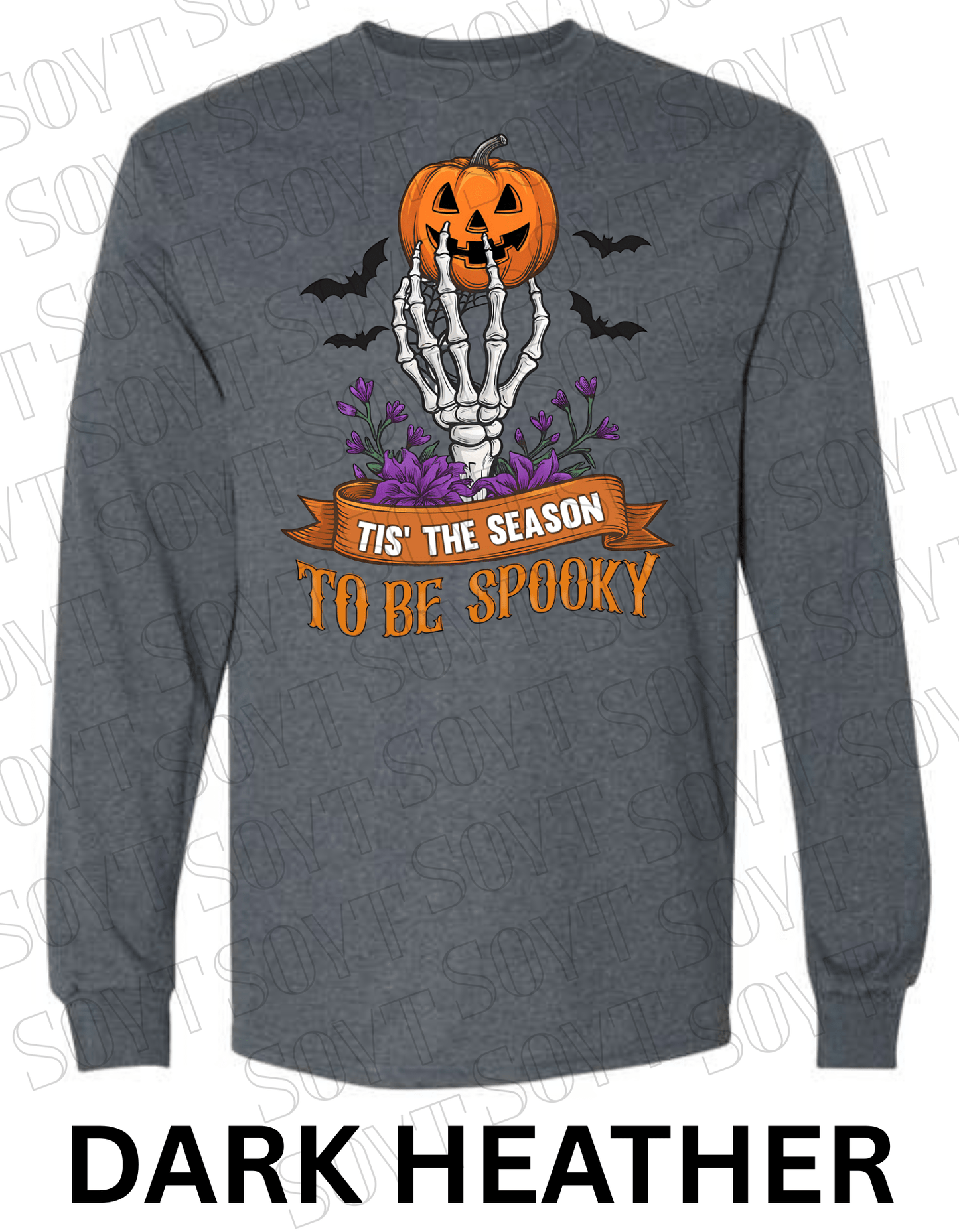 "Tis’ the Season to Be Spooky" Halloween T-Shirt – Skeleton Hand, Pumpkin & Floral Graphic Tee - Festive Apparel StoreDark Heather