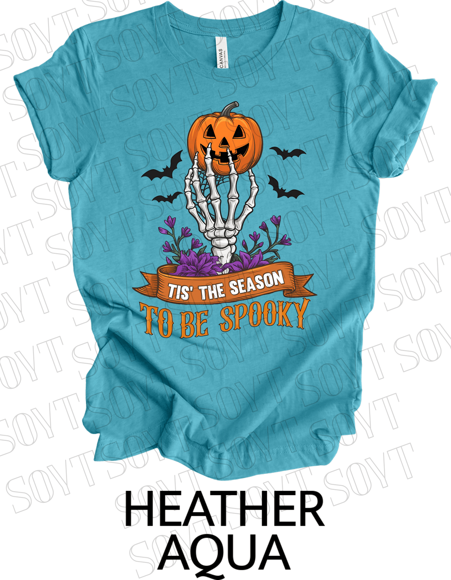 "Tis’ the Season to Be Spooky" Halloween T-Shirt – Skeleton Hand, Pumpkin & Floral Graphic Tee - Festive Apparel StoreHeather Aqua